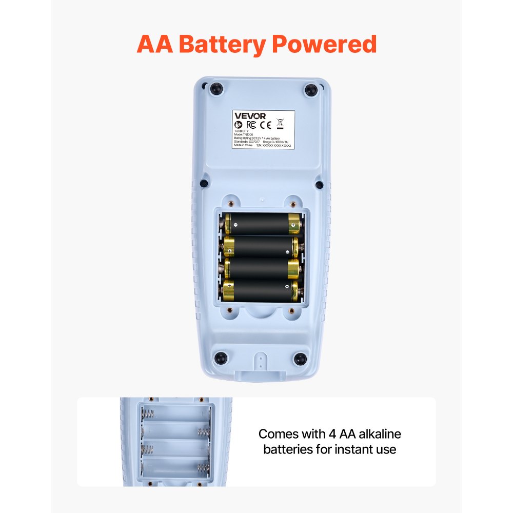 Mętnościomierz VEVOR o zakresie pomiarowym 0–1000 NTU, zgodny z normą ISO 7027, przenośny mętnościomierz, szybki odczyt, z roztworami kalibracyjnymi, fiolkami na próbki i torbą transportową, do zastosowań w terenie i w zakładach.