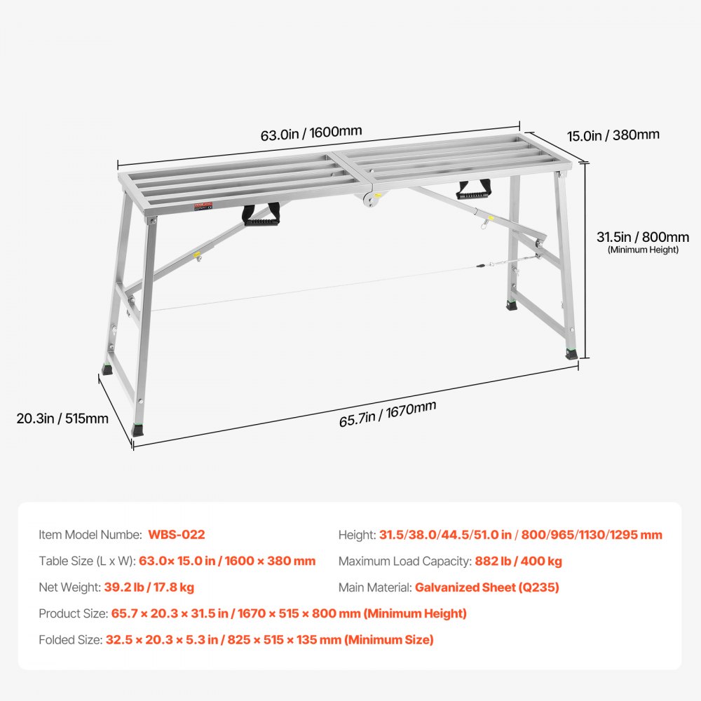 Platforma robocza VEVOR 800-1295 mm, składana drabina ze stali stopowej, przenośna platforma robocza, udźwig 400 kg, drabina schodkowa do malowania płyt gipsowo-kartonowych, czyszczenia, mycia