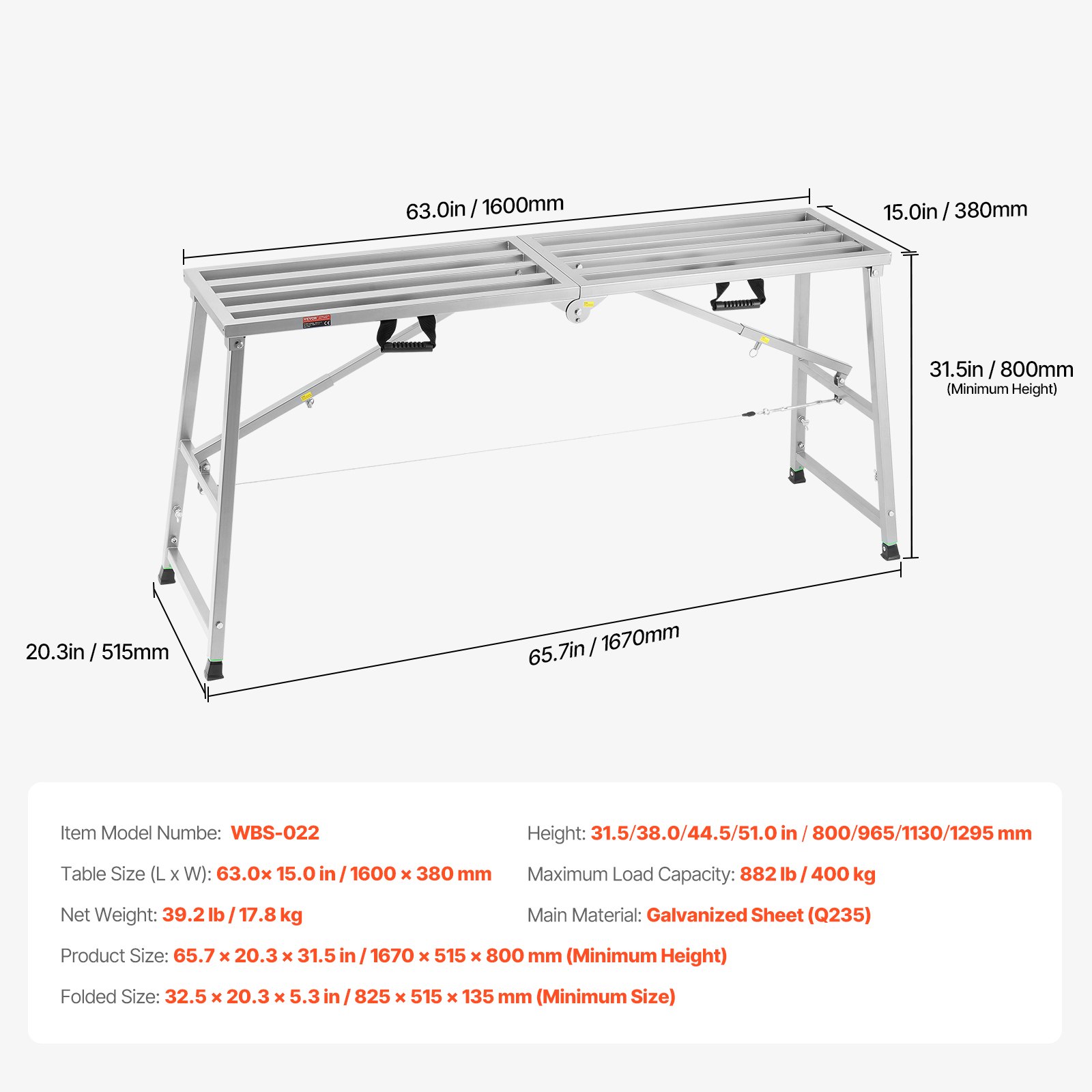 Platforma robocza VEVOR 800-1295 mm, składana drabina ze stali stopowej, przenośna platforma robocza, udźwig 400 kg, drabina schodkowa do malowania płyt gipsowo-kartonowych, czyszczenia, mycia