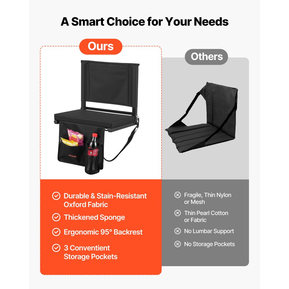 VEVOR Stadium Seat, składane krzesło z oparciem, wyściełane siedzisko z paskiem na ramię, uchwyt na napój, haczyk i siatkowa torba, krzesło stadionowe (szerokość 431,8 mm), czarne, 1 szt.