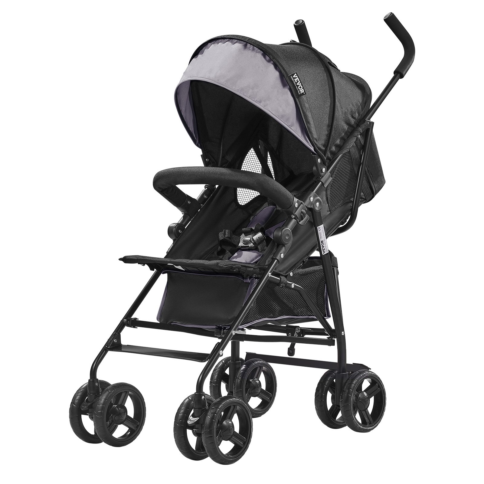 VEVOR Lightweight Stroller, Compact, Easy to Fold, with Adjustable Backrest, Canopy, Carbon Steel Frame, Large Storage Basket, Cup Holder, Stroller with Umbrella for On-the-Go Use, Light Grey/Black