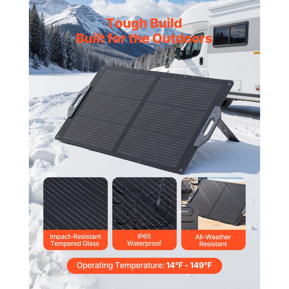 VEVOR Składany panel słoneczny 100 W, przenośna ładowarka solarna o wysokiej sprawności 24%, monokrystaliczny moduł słoneczny z wyjściem MC4, portami USB-A, typu C i DC, IP65, do elektrowni, na kemping i na piesze wycieczki
