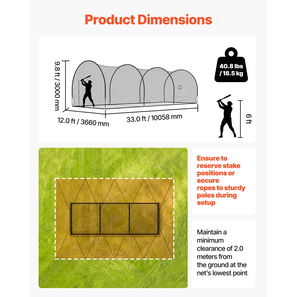 VEVOR Baseball Batting Cage, 10058 x 3660 x 3000mm Freestanding Portable Batting Cage, Hitting Cages with 4-Ply Knotless Polyester & Pitching Machine Opening, Battings Cages Netting for Indoor Outdoor