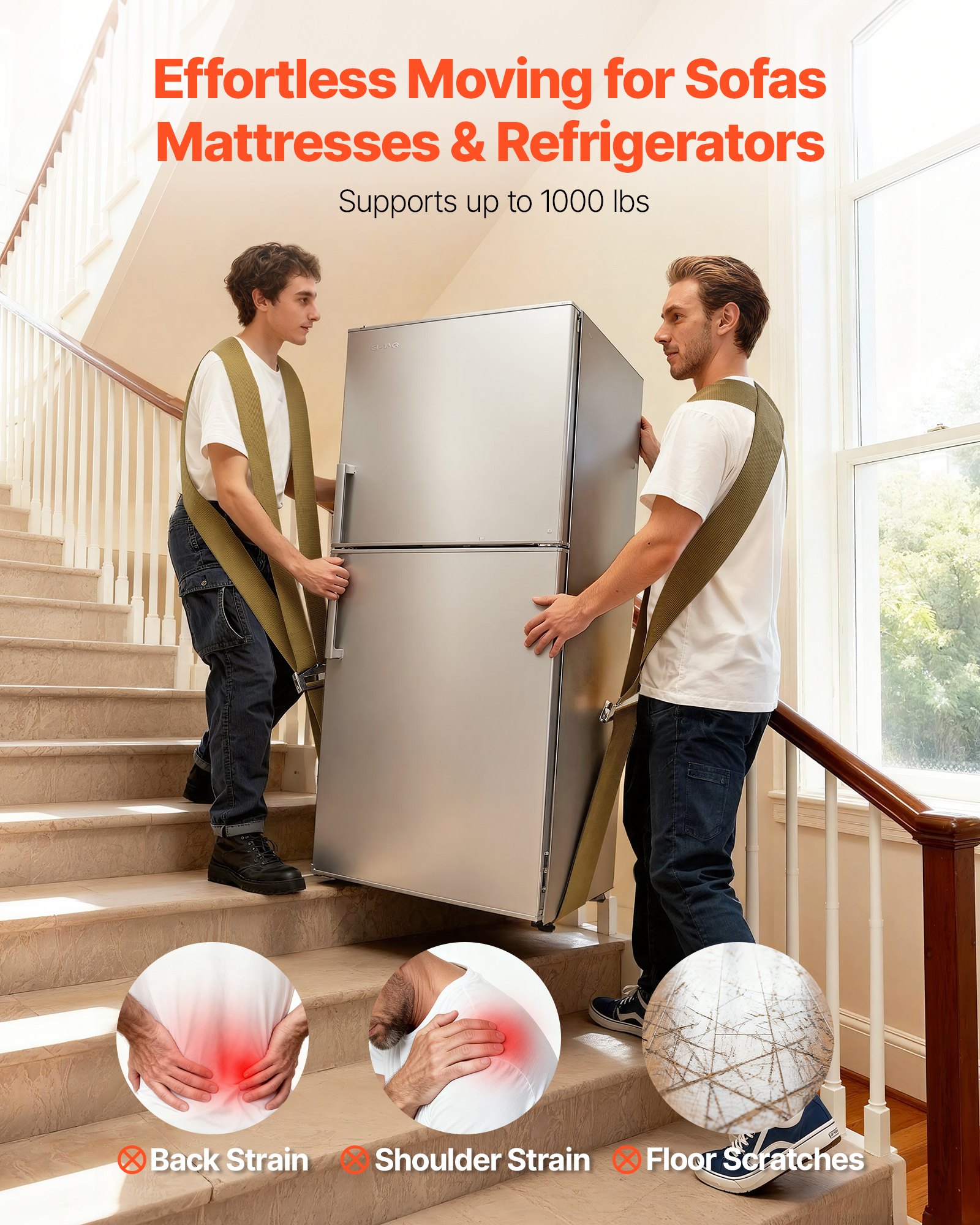 Pasy podnoszące VEVOR, udźwig do 453,6 kg, system podnoszenia i transportu dla dwóch osób, regulowane pasy naramienne do podnoszenia, pas do przenoszenia mebli, sprzętu AGD i materacy