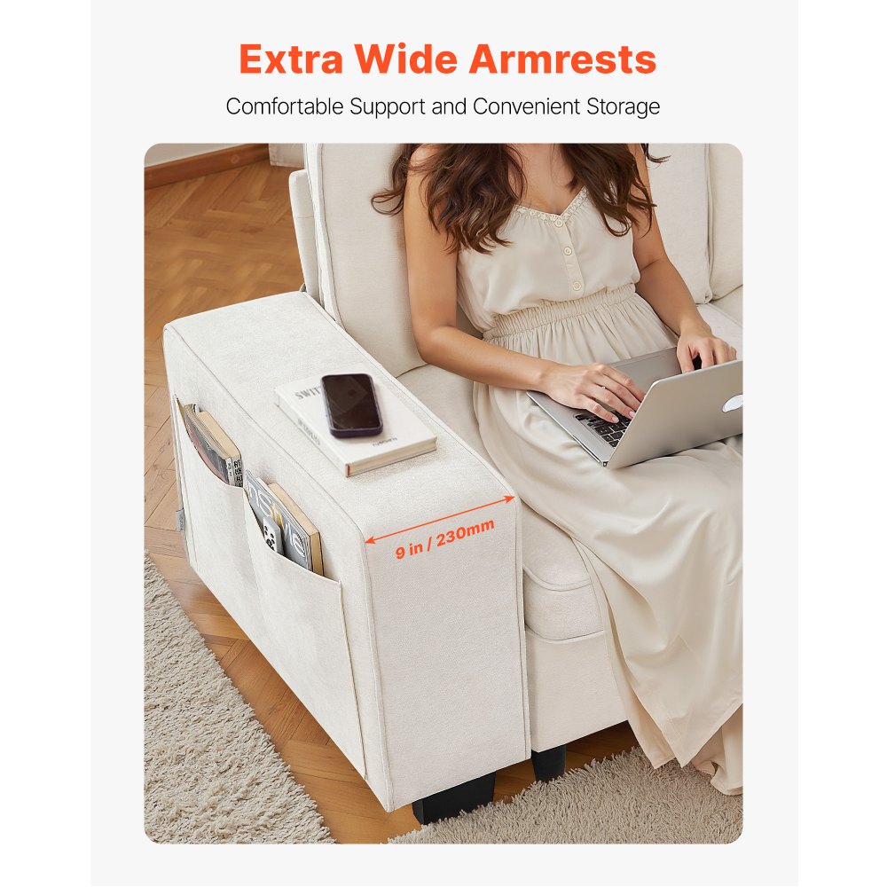 Sofa wypoczynkowa VEVOR, modułowa sofa z miejscem do przechowywania pod spodem, nowoczesna kanapa z bocznymi kieszeniami do przechowywania i metalową ramą, rozkładana sofa idealna do salonu, sypialni, mieszkania i biura, biała