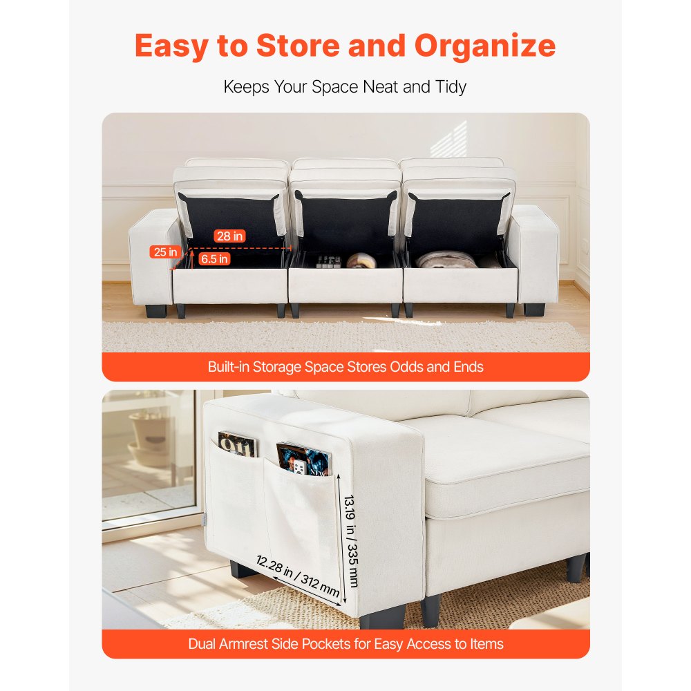 VEVOR 3 Steater Sofa, Modular Sectional Couch with Bottom Storage Space, Modern Comfy Cloud Sofa with Side Storage Pockets and Metal Frame, Ideal for Living Room, Bedroom, Apartment and Office, White
