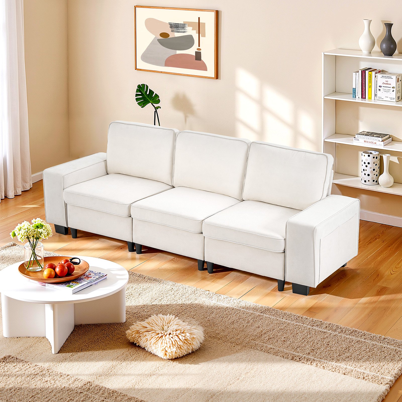 VEVOR 3 Steater Sofa, Modular Sectional Couch with Bottom Storage Space, Modern Comfy Cloud Sofa with Side Storage Pockets and Metal Frame, Ideal for Living Room, Bedroom, Apartment and Office, White