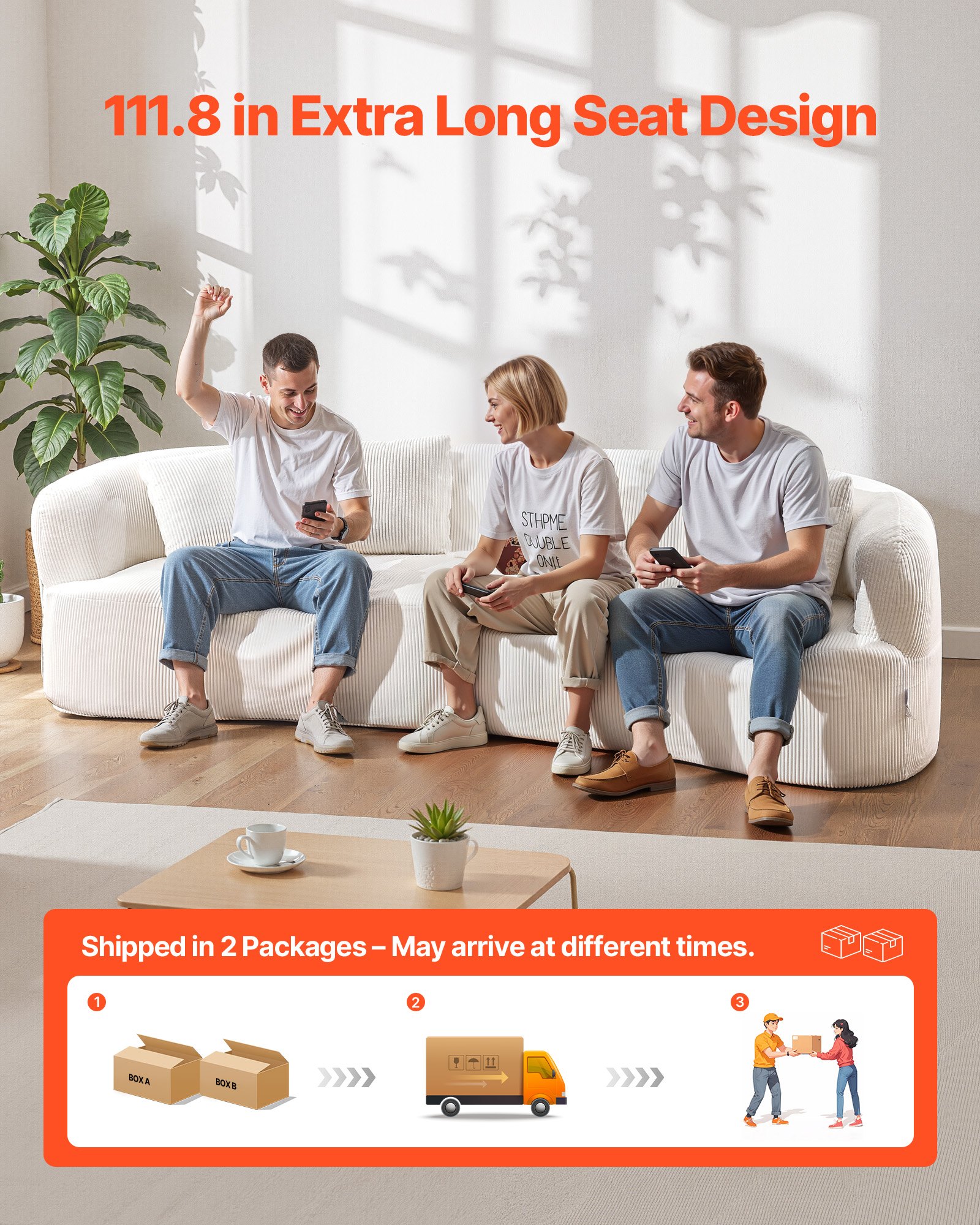 VEVOR Zakrzywiona modułowa sofa narożna (284 cm) z 4 poduszkami, duży fotel wypoczynkowy z szerokim, głębokim siedziskiem, do salonu, sypialni, biura, sofa rozkładana, sofa podłogowa, biała