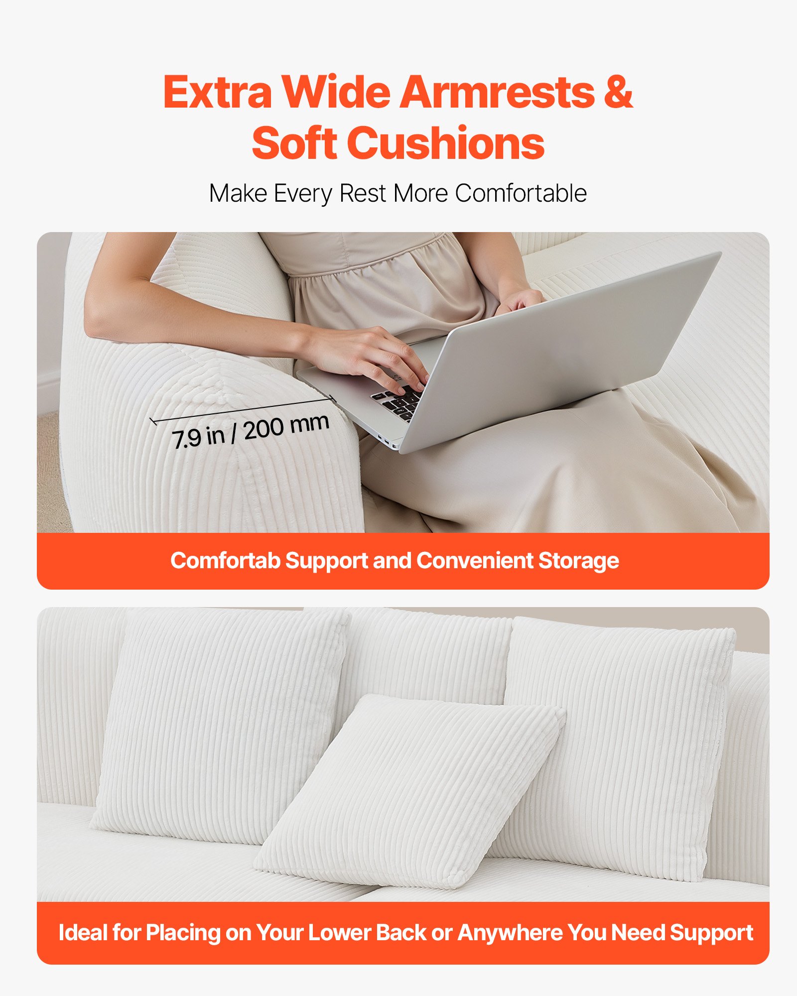 VEVOR Zakrzywiona modułowa sofa narożna (284 cm) z 4 poduszkami, duży fotel wypoczynkowy z szerokim, głębokim siedziskiem, do salonu, sypialni, biura, sofa rozkładana, sofa podłogowa, biała