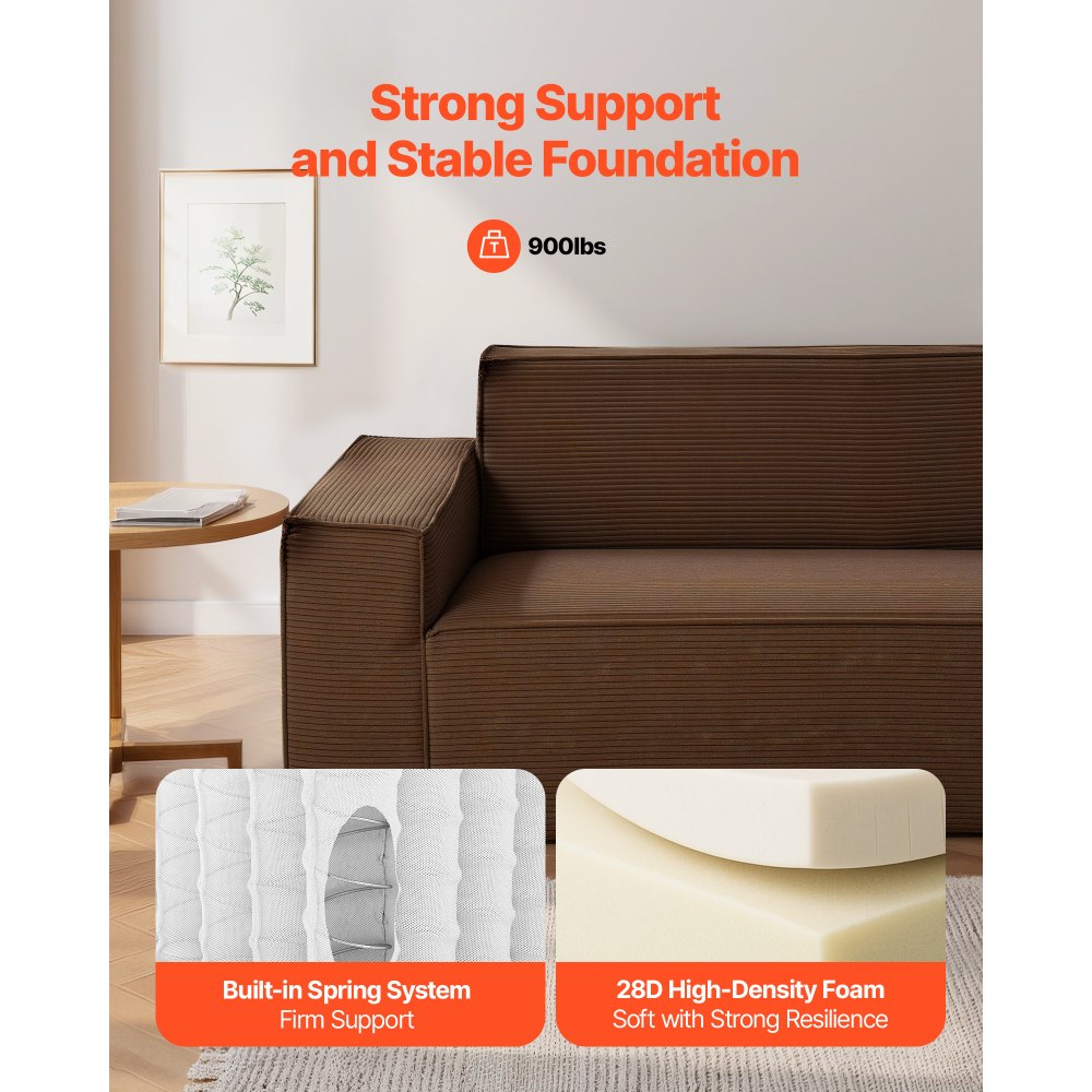 VEVOR nowoczesna sofa z kordu (211 cm) z głębokimi siedziskami, sofa chmurka z szerokimi podłokietnikami, pluszowy fotel wypoczynkowy, fotel relaksacyjny idealny do salonu, sypialni, mieszkania, biura, sofa podłogowa brązowa