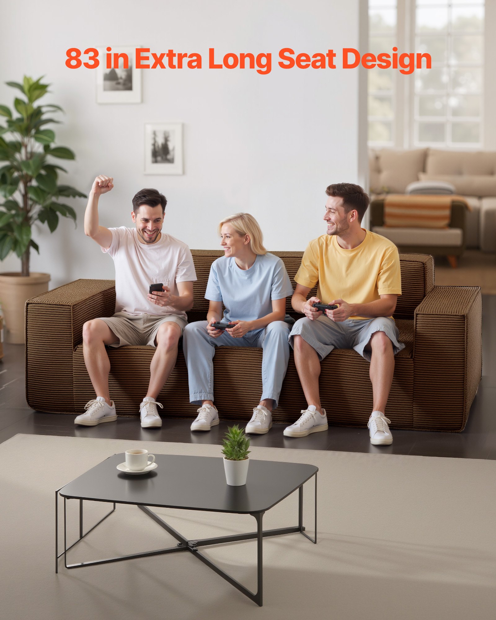 VEVOR nowoczesna sofa z kordu (211 cm) z głębokimi siedziskami, sofa chmurka z szerokimi podłokietnikami, pluszowy fotel wypoczynkowy, fotel relaksacyjny idealny do salonu, sypialni, mieszkania, biura, sofa podłogowa brązowa