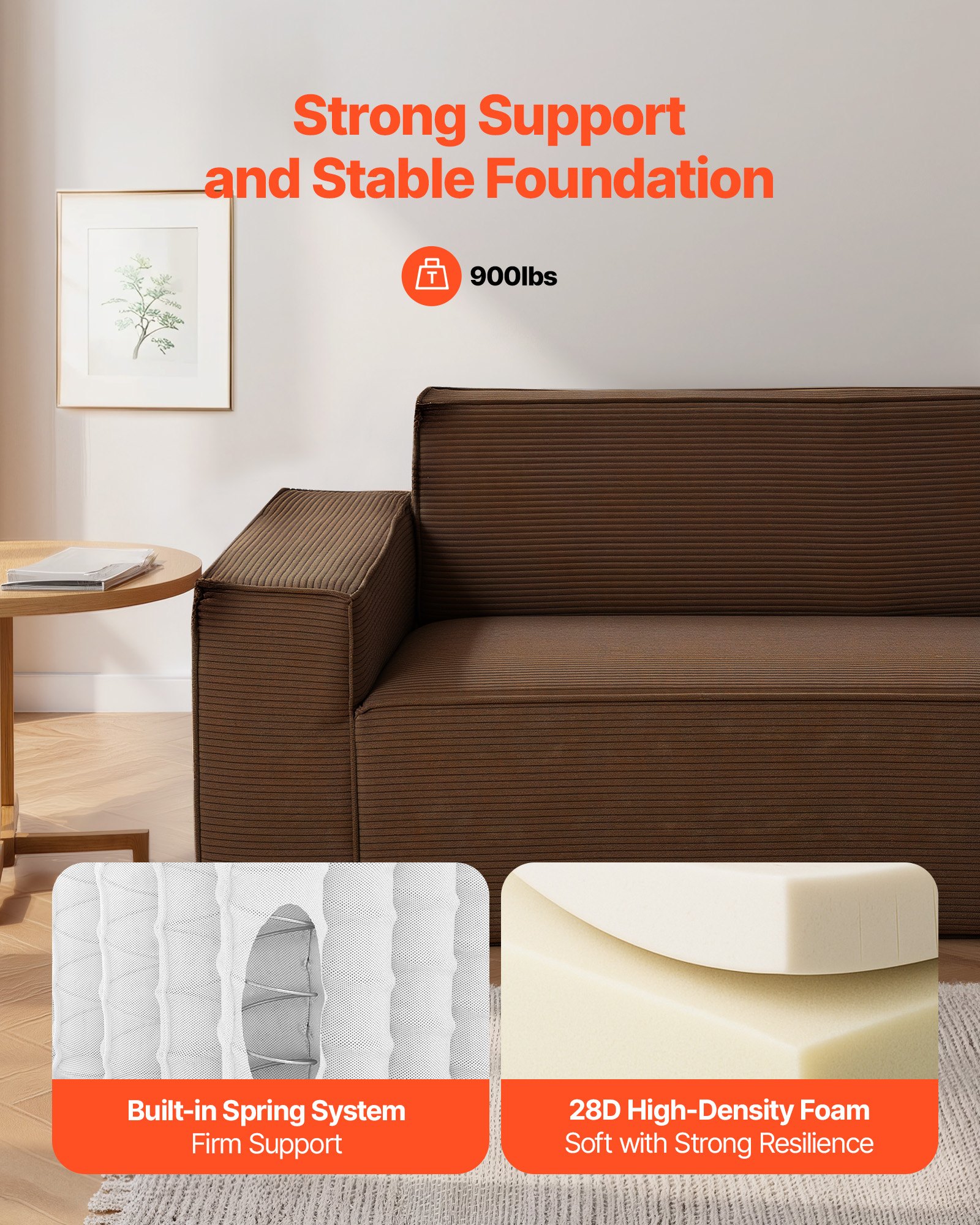 VEVOR nowoczesna sofa z kordu (211 cm) z głębokimi siedziskami, sofa chmurka z szerokimi podłokietnikami, pluszowy fotel wypoczynkowy, fotel relaksacyjny idealny do salonu, sypialni, mieszkania, biura, sofa podłogowa brązowa