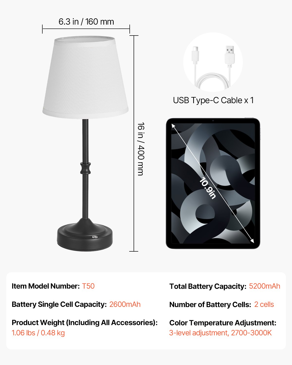 VEVOR Bezprzewodowa lampa stołowa z kloszem z tkaniny i wbudowanym akumulatorem 5200 mAh, lampa biurkowa (16 x 16 x 40 cm), ściemnialna (3 poziomy), lampa stołowa do baru, czarna