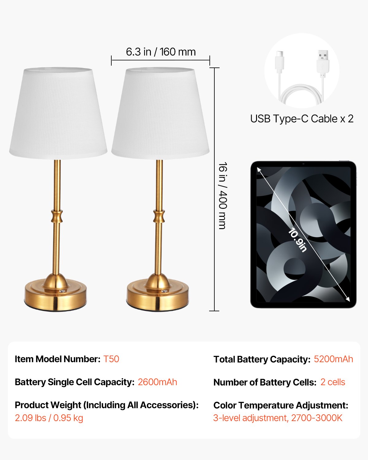 Lampa stołowa bezprzewodowa VEVOR (2 sztuki) z kloszem z tkaniny i wbudowanym akumulatorem 5200 mAh, lampa biurkowa, ściemnialna (3 poziomy), lampa stołowa do sypialni, szafka nocna, złota