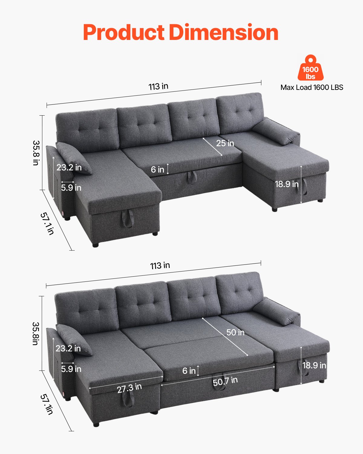 VEVOR Sofa w kształcie litery U, rozkładana sofa z 2 kieszeniami bocznymi i 2 poduszkami oraz podwójnym szezlongiem, rozkładana sofa dla 6 osób z dużą ilością miejsca do przechowywania, do salonu lub mieszkania, metalowa rama