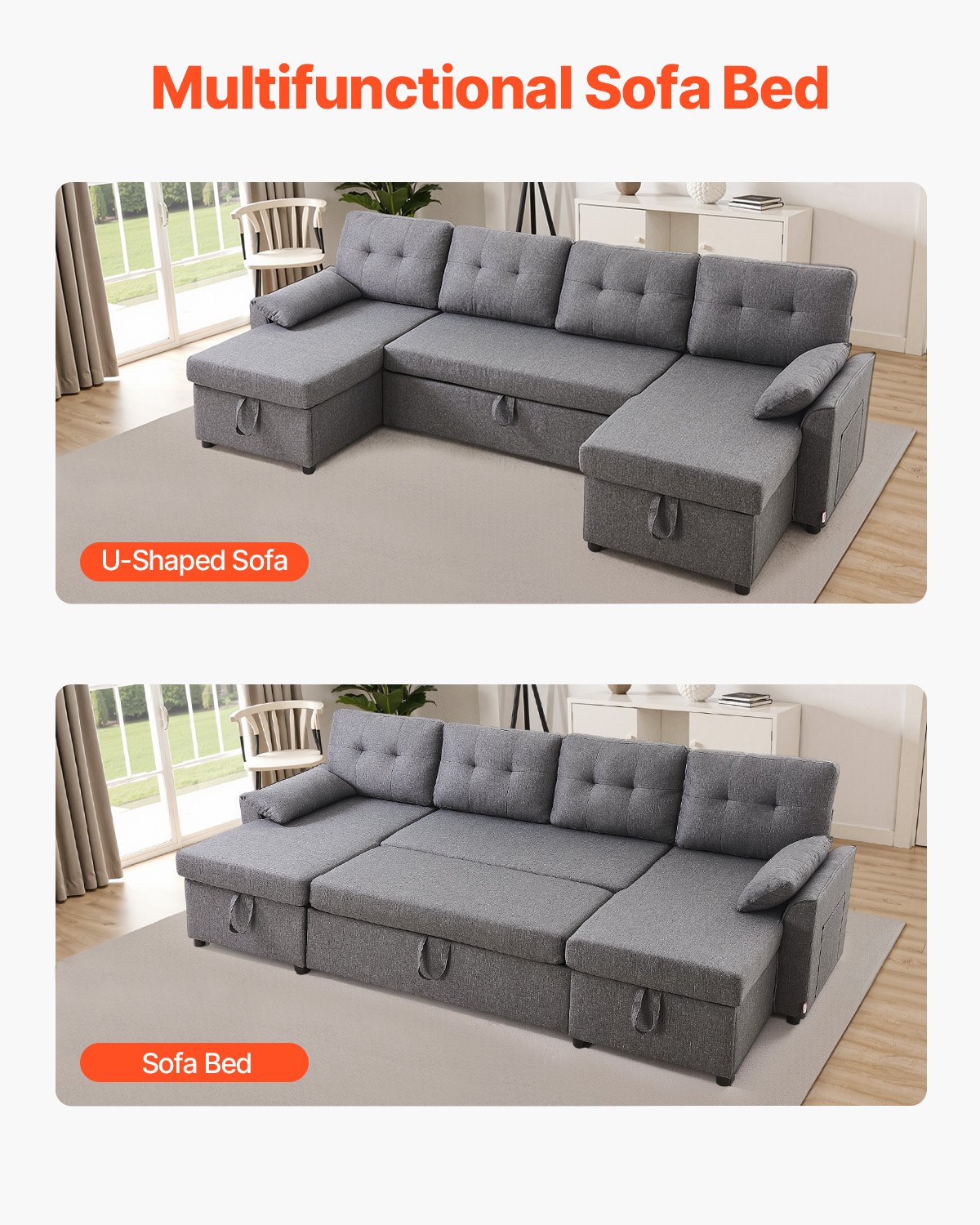 VEVOR Sofa w kształcie litery U, rozkładana sofa z 2 kieszeniami bocznymi i 2 poduszkami oraz podwójnym szezlongiem, rozkładana sofa dla 6 osób z dużą ilością miejsca do przechowywania, do salonu lub mieszkania, metalowa rama