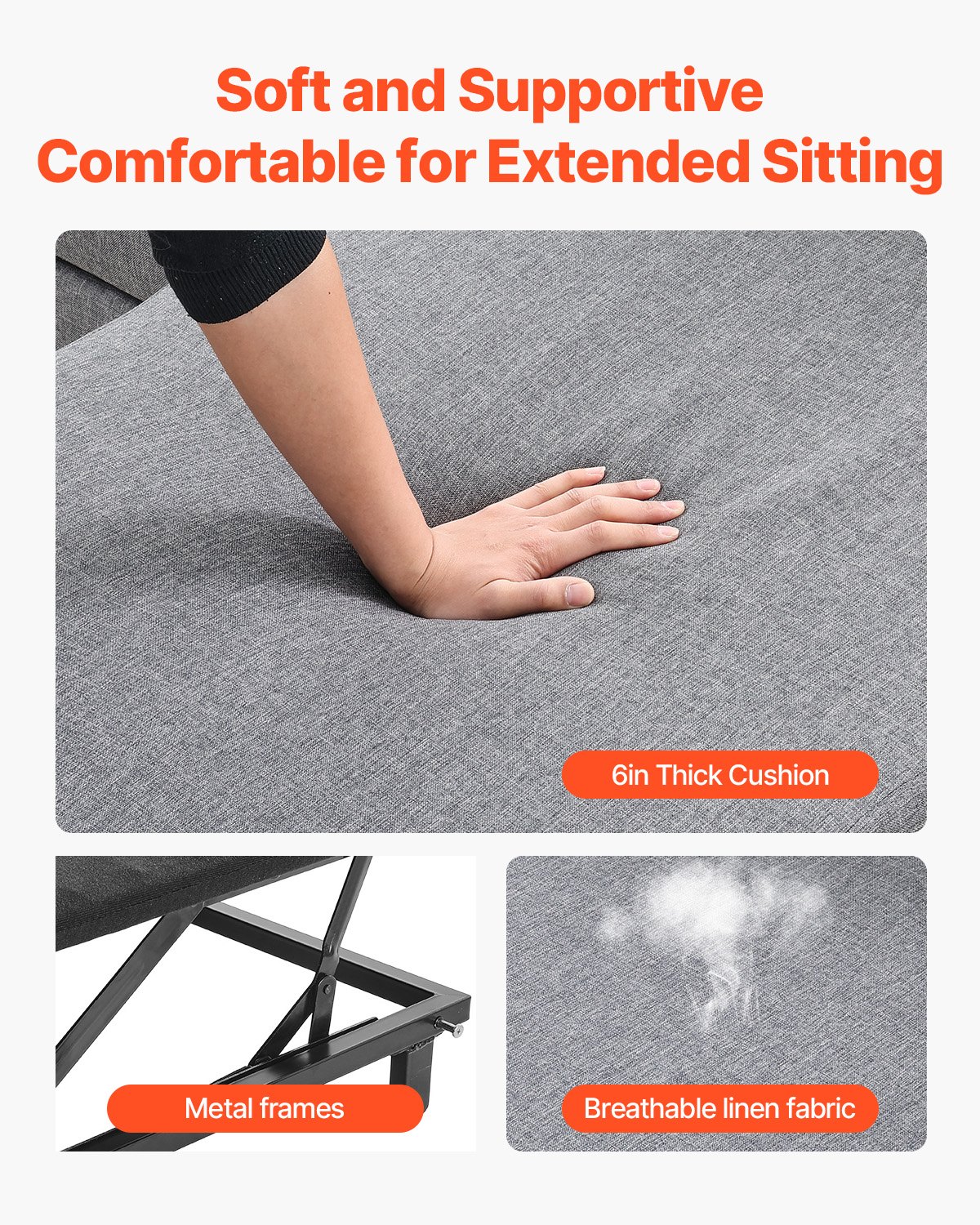 VEVOR Sofa w kształcie litery U, rozkładana sofa z 2 kieszeniami bocznymi i 2 poduszkami oraz podwójnym szezlongiem, rozkładana sofa dla 6 osób z dużą ilością miejsca do przechowywania, do salonu lub mieszkania, metalowa rama