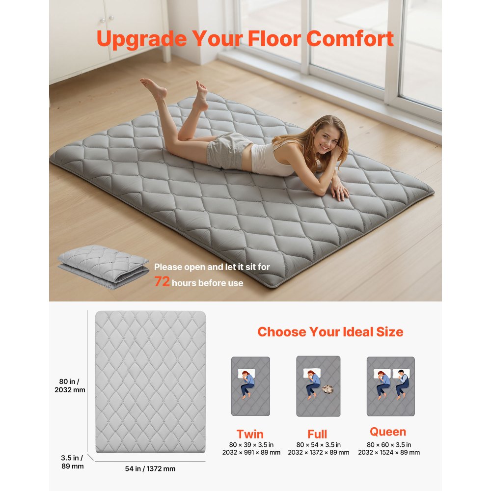 VEVOR Japanese Tatami Mat, Full Size Foldable Japanese Tatami Mattress, Futon Mattress with Storage Bag & Fastener, 9-Layer Floor Mat for Sleeping, Dorm, Meditation, Yoga, 2032 x 1372 x 89 mm, Gray