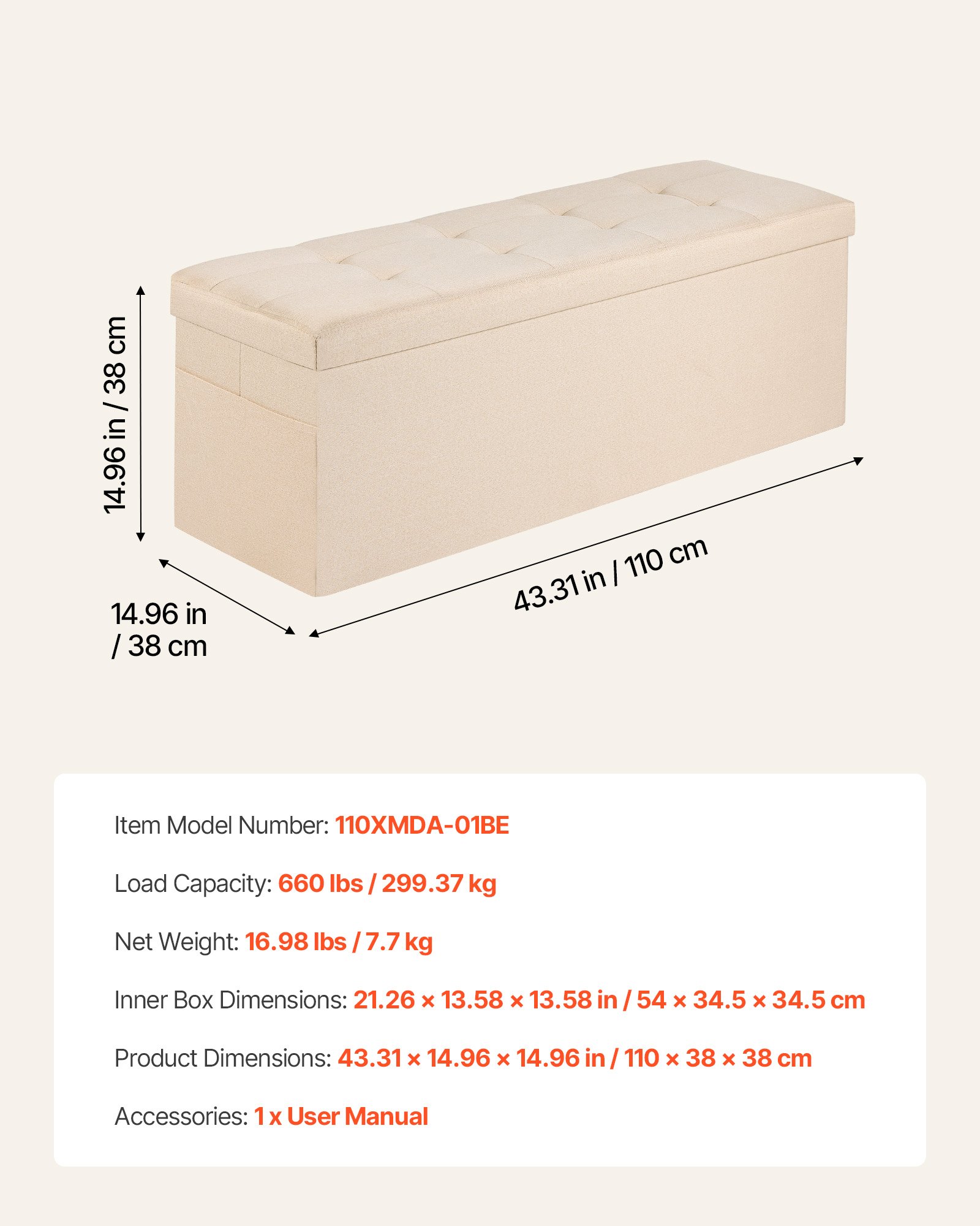 Puf VEVOR składany ze schowkiem (prostokątny), podnóżek z kieszeniami bocznymi, składany, wyściełany stołek, nośność do 299,37 kg, 11 x 38 x 38 cm, do salonu, sypialni, przedpokoju, beżowy