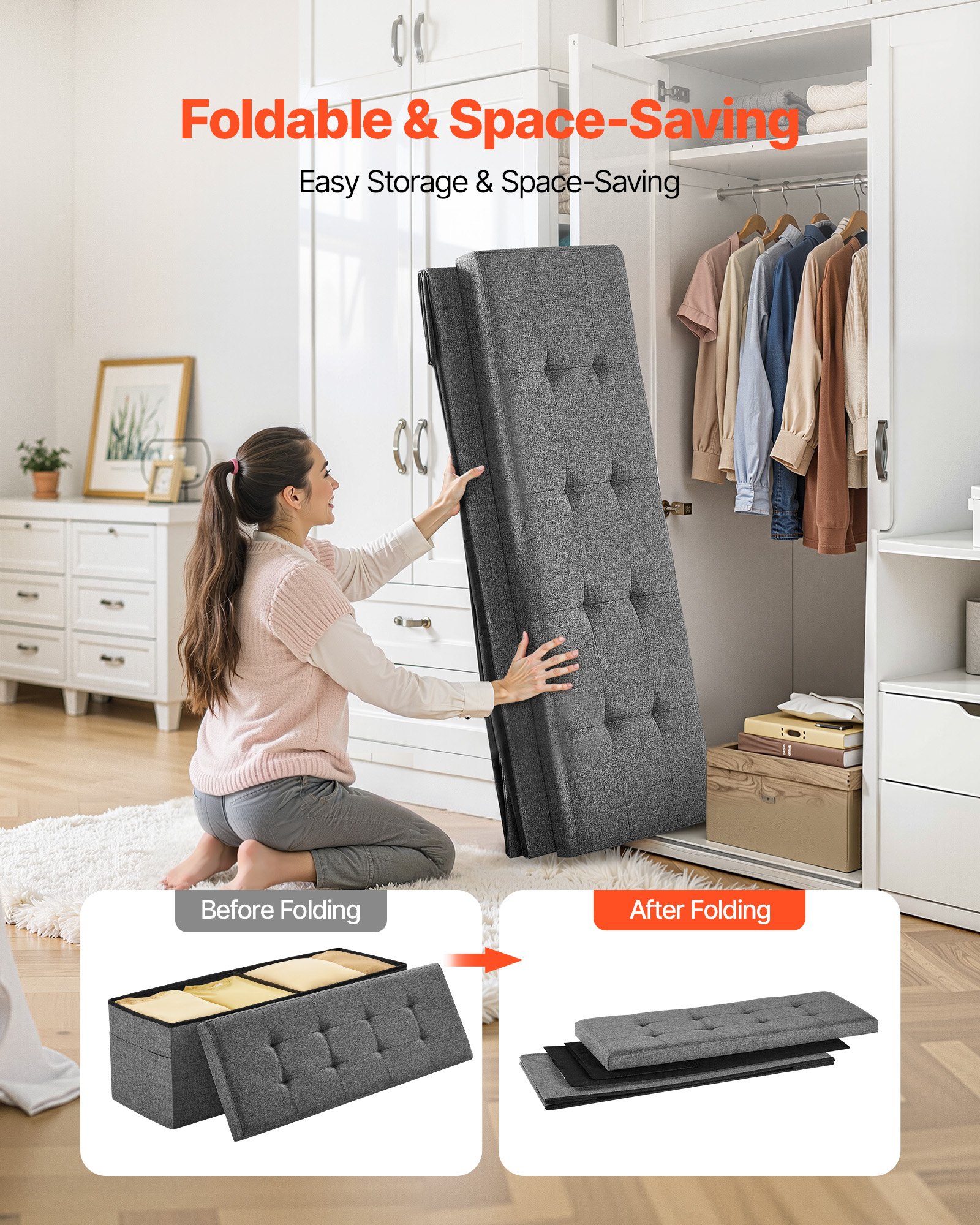 Puf VEVOR składany ze schowkiem (prostokątny), podnóżek z kieszeniami bocznymi, składany, wyściełany stołek, nośność do 299,37 kg, 11 x 38 x 38 cm, do salonu, sypialni, przedpokoju, kolor szary