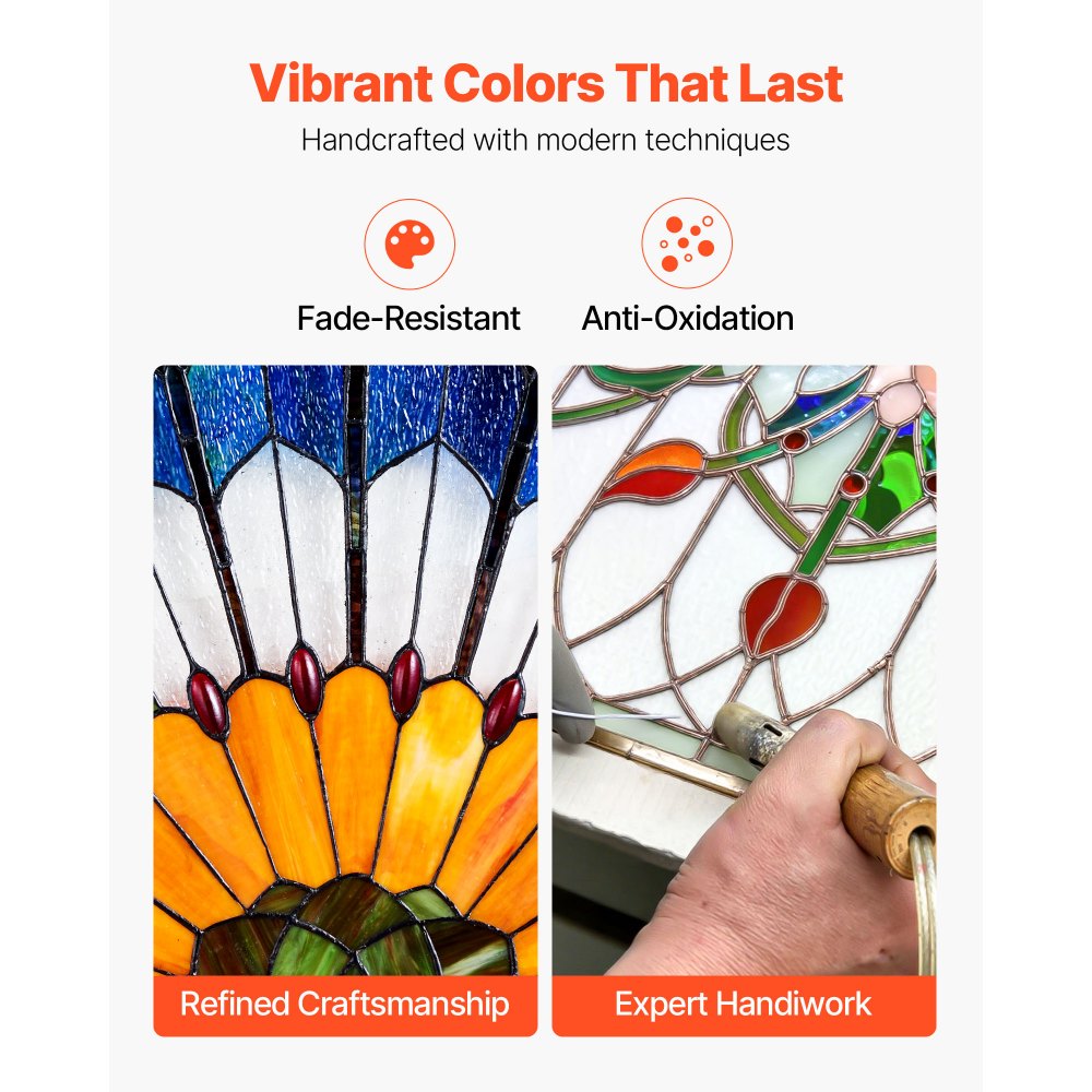 Panel witrażowy VEVOR (913 x 465 mm) wiszący witraż z łańcuchem, duży półokrągły witraż do zawieszenia, tradycyjna dekoracja okienna w stylu vintage do kuchni i domu