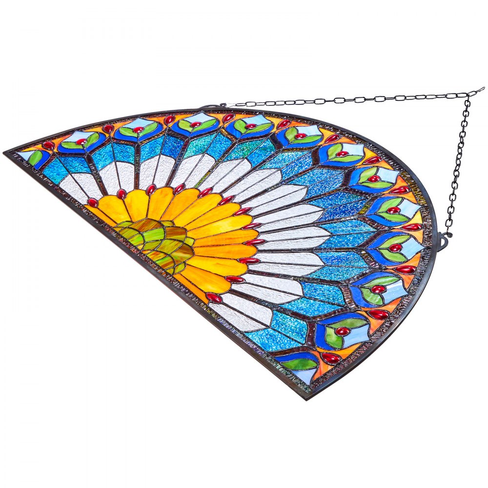 Panel witrażowy VEVOR (913 x 465 mm) wiszący witraż z łańcuchem, duży półokrągły witraż do zawieszenia, tradycyjna dekoracja okienna w stylu vintage do kuchni i domu