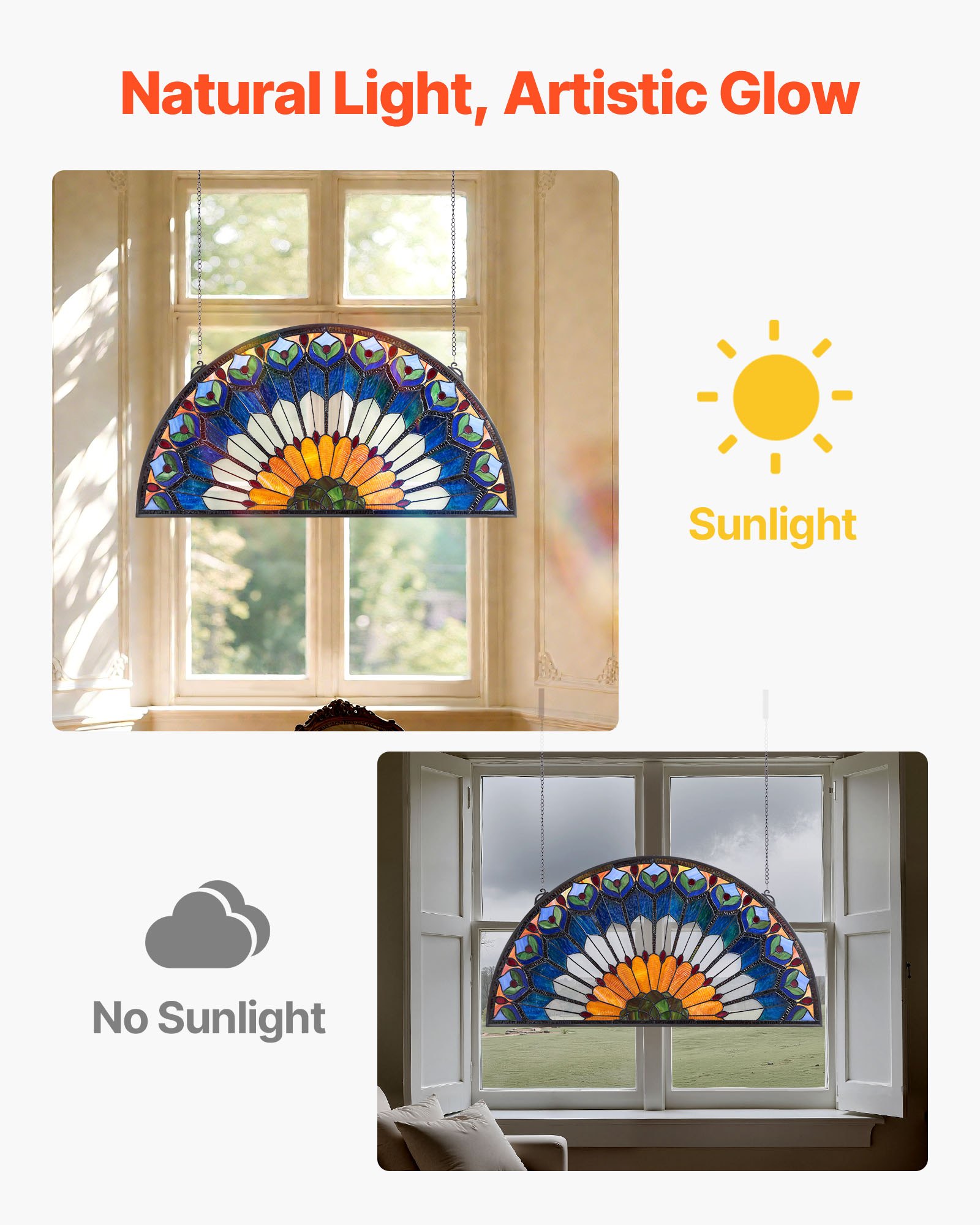 Panel witrażowy VEVOR (913 x 465 mm) wiszący witraż z łańcuchem, duży półokrągły witraż do zawieszenia, tradycyjna dekoracja okienna w stylu vintage do kuchni i domu