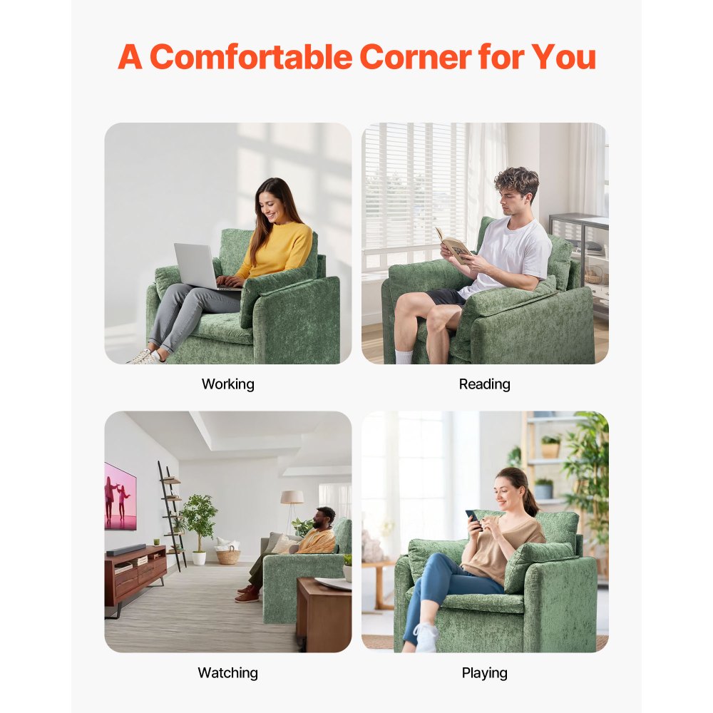 VEVOR Zielony fotel akcentowy, nowoczesny tapicerowany fotel wypoczynkowy z podłokietnikami, fotel materiałowy z grubą poduszką i zakrzywionym oparciem, pojedynczy fotel do salonu, sypialni, gabinetu, biura