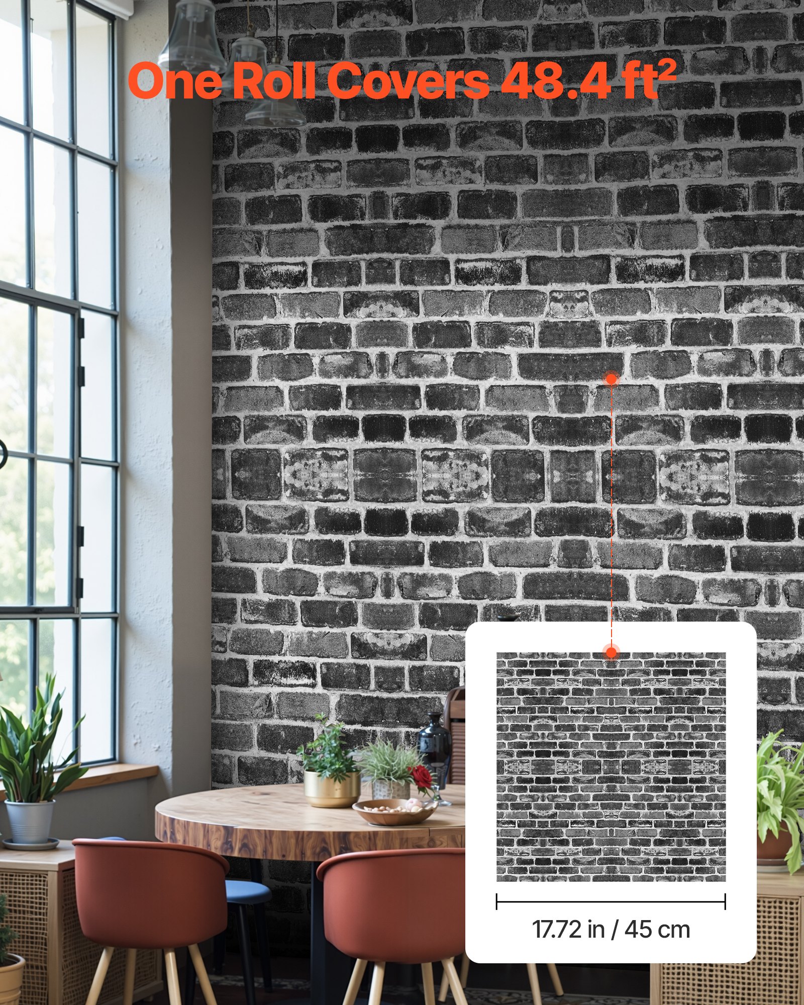 VEVOR Peel and Stick Wallpaper, 45cm x 10m Contact Paper Gray Brick Waterpoof Self Adhesive, Easy to Clean & Peel Wall Decorative Vinyl Roll for Bedroom Kitchen Office Bathroom Desk