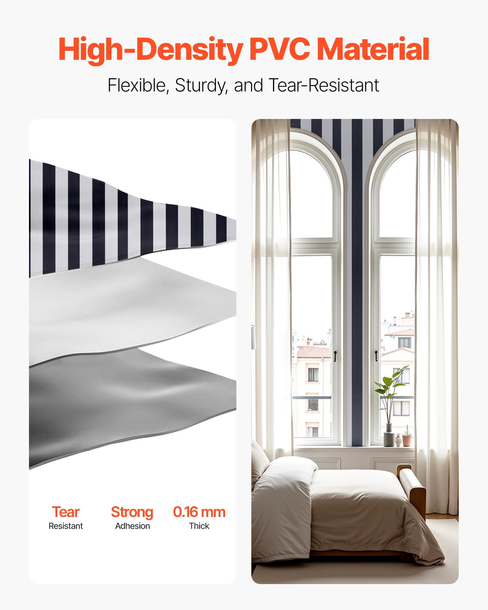 Tapeta samoprzylepna VEVOR, 45 cm x 15 m, tapeta ścienna, folia samoprzylepna w czarno-białe paski, wodoodporna, folia meblowa, dekoracyjna rolka winylowa do sypialni, kuchni, biura, łazienki