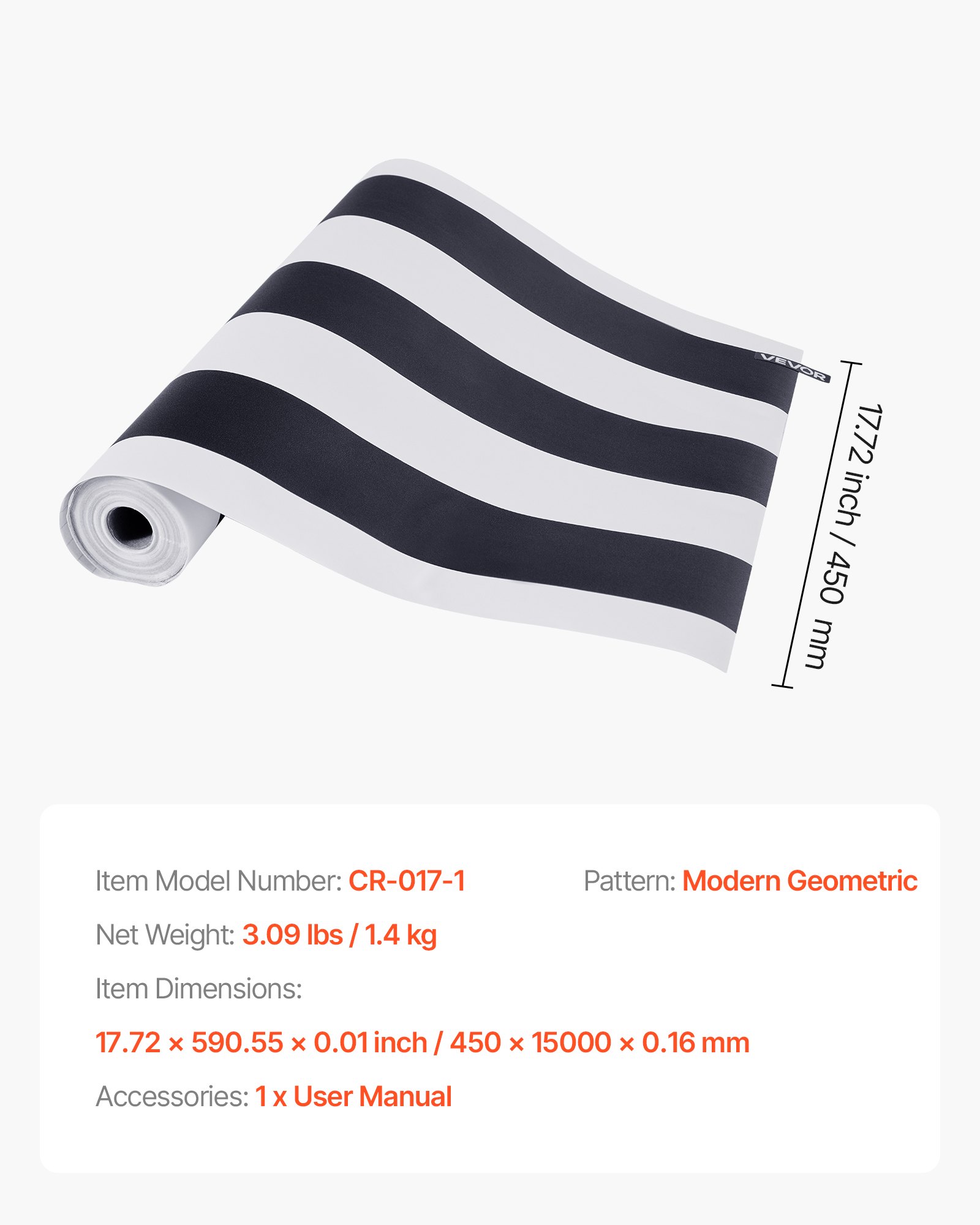 VEVOR Peel and Stick Wallpaper, 45cm x 15m Contact Paper Black White Modern Geometric Waterpoof Self Adhesive, Easy to Clean Wall Decorative Vinyl Roll for Bedroom Kitchen Office Bathroom