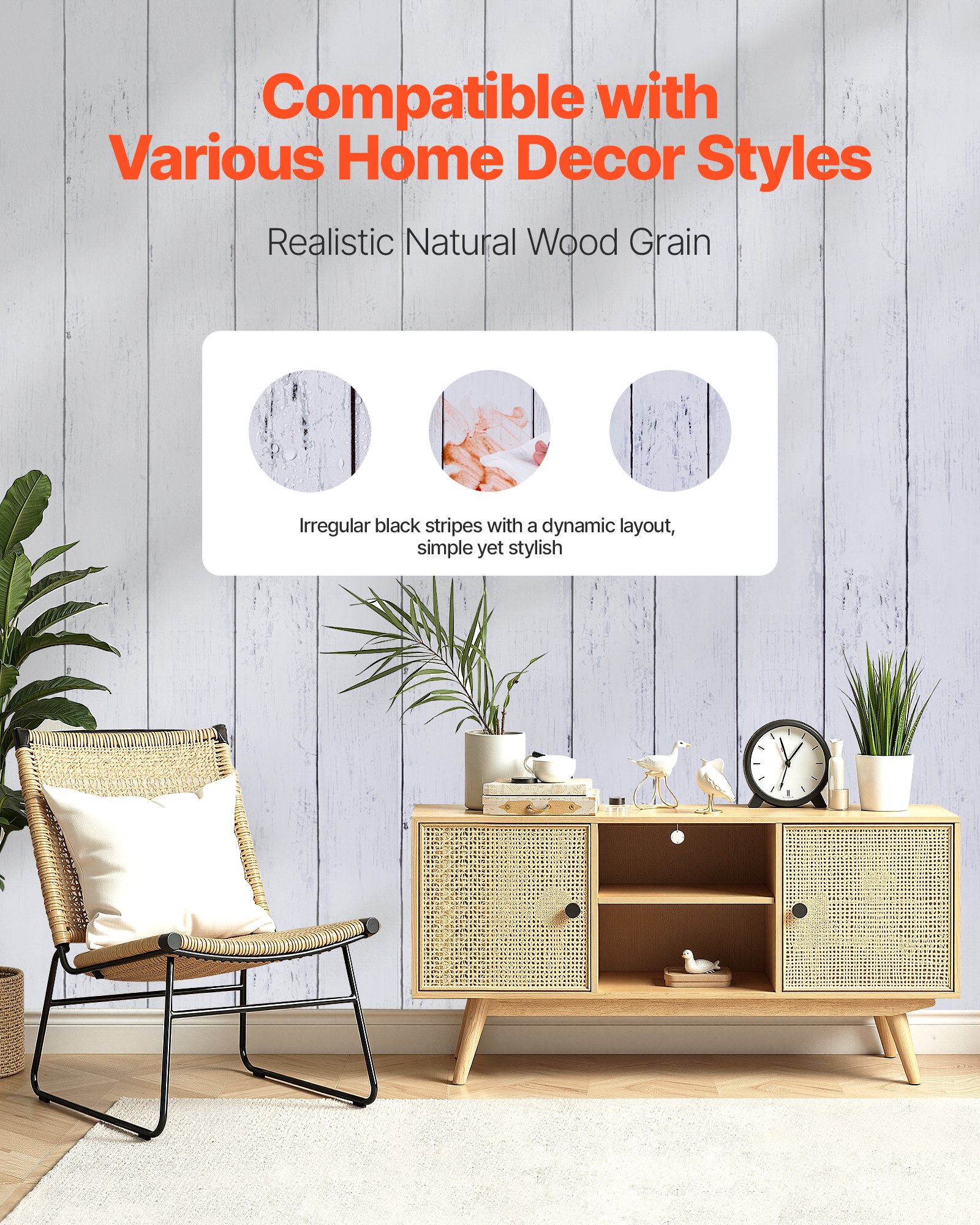 VEVOR Peel and Stick Wallpaper, 45cm x 15m Contact Paper White Wood Textured Waterpoof Self Adhesive, Easy to Clean & Peel Wall Decorative Vinyl Roll for Bedroom Kitchen Office Bathroom Desk