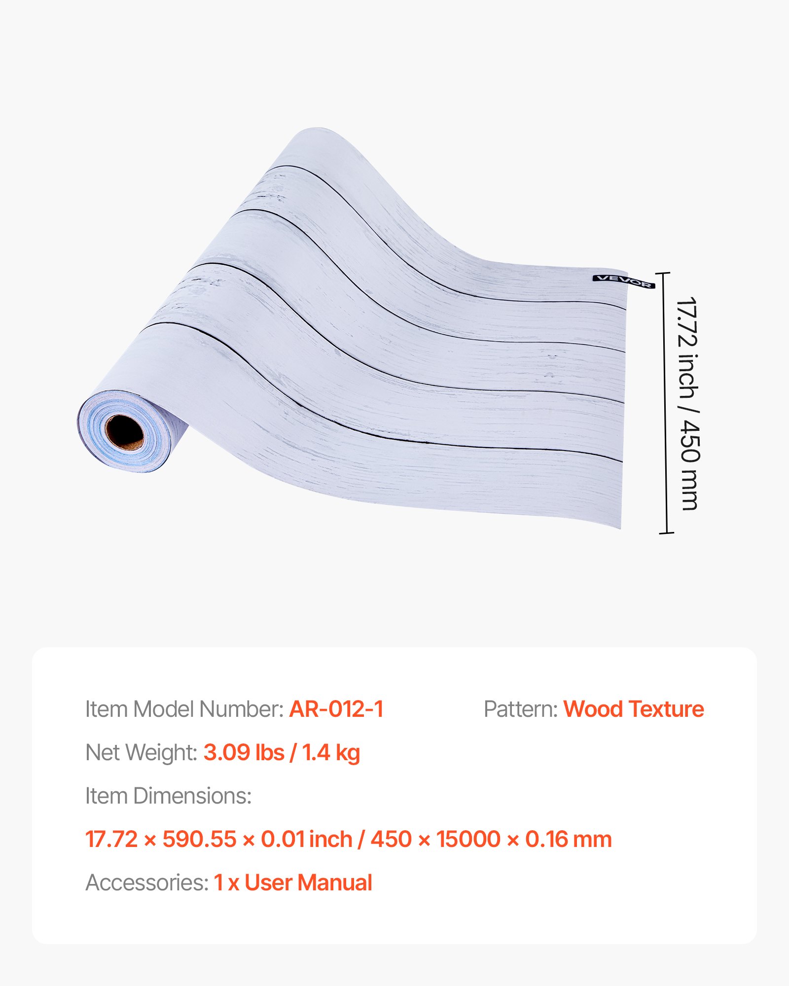 VEVOR Peel and Stick Wallpaper, 45cm x 15m Contact Paper White Wood Textured Waterpoof Self Adhesive, Easy to Clean & Peel Wall Decorative Vinyl Roll for Bedroom Kitchen Office Bathroom Desk