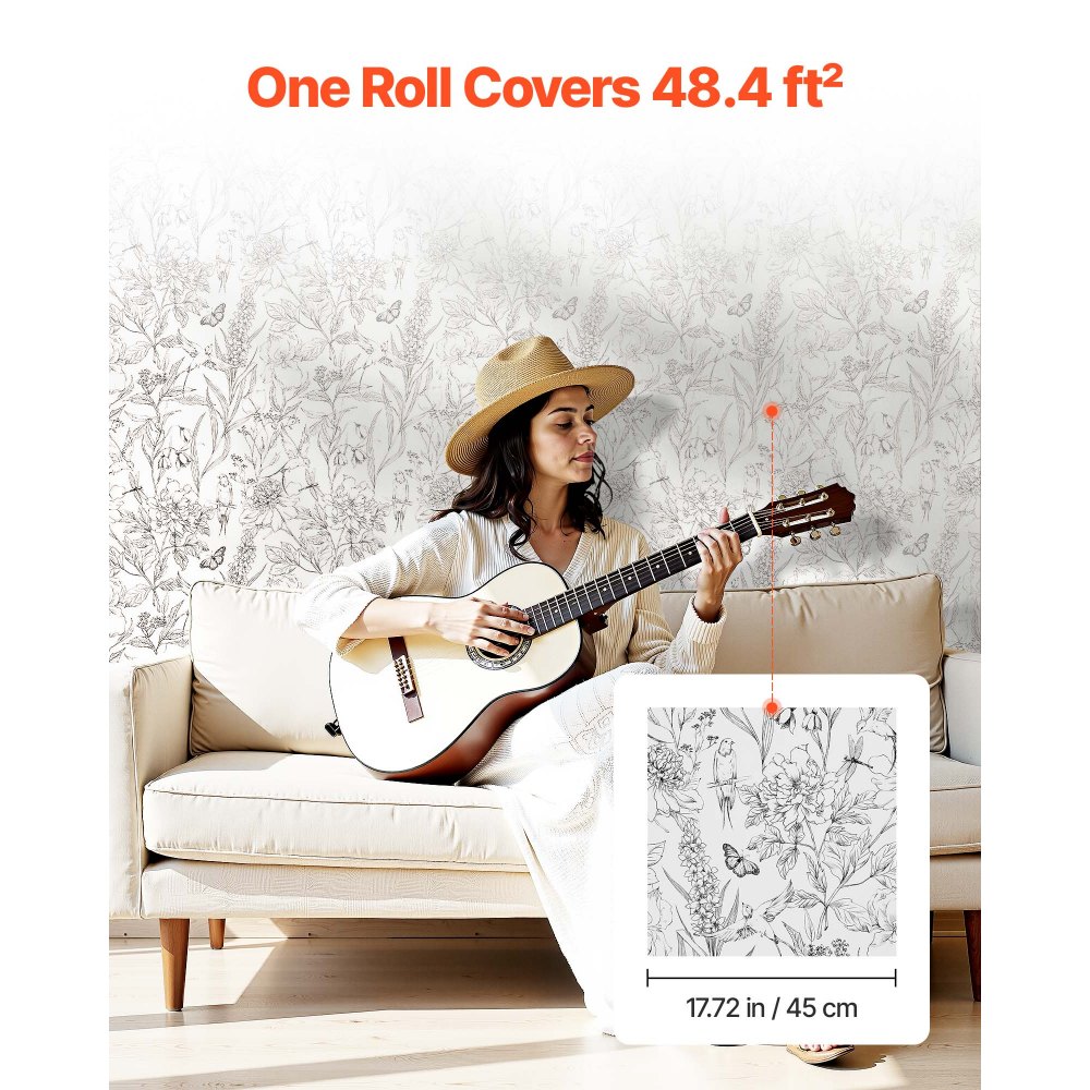 Tapeta samoprzylepna VEVOR, 45 cm x 10 m, tapeta ścienna, biała folia samoprzylepna z motywem roślinnym, wodoodporna, folia meblowa, dekoracyjna rolka winylowa do sypialni, kuchni, biura, łazienki