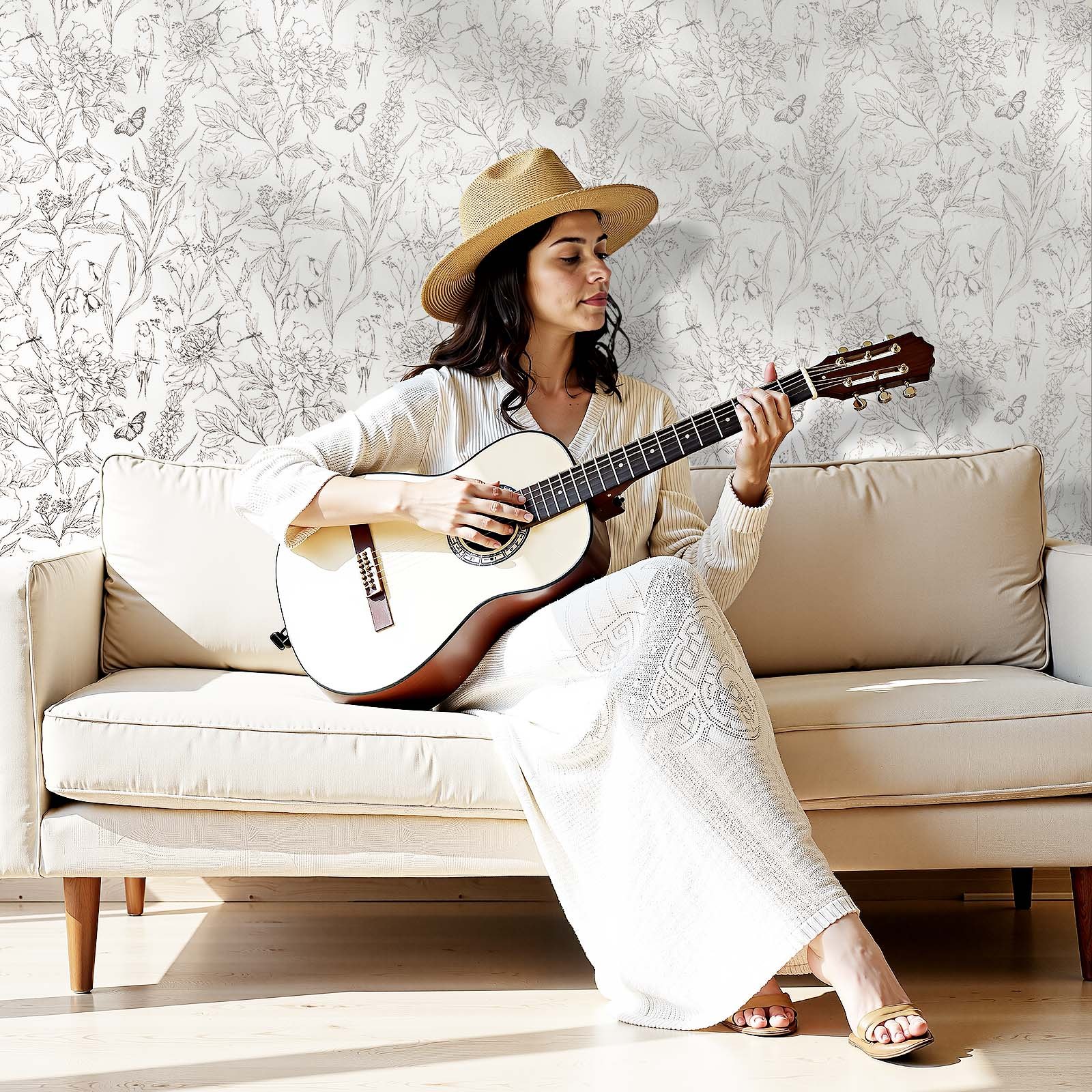 VEVOR Peel and Stick Wallpaper, 45cm x 10m Contact Paper White Line Art Botanical Floral Waterpoof Self Adhesive, Easy to Clean Wall Decorative Vinyl Roll for Bedroom Kitchen Office Bathroom