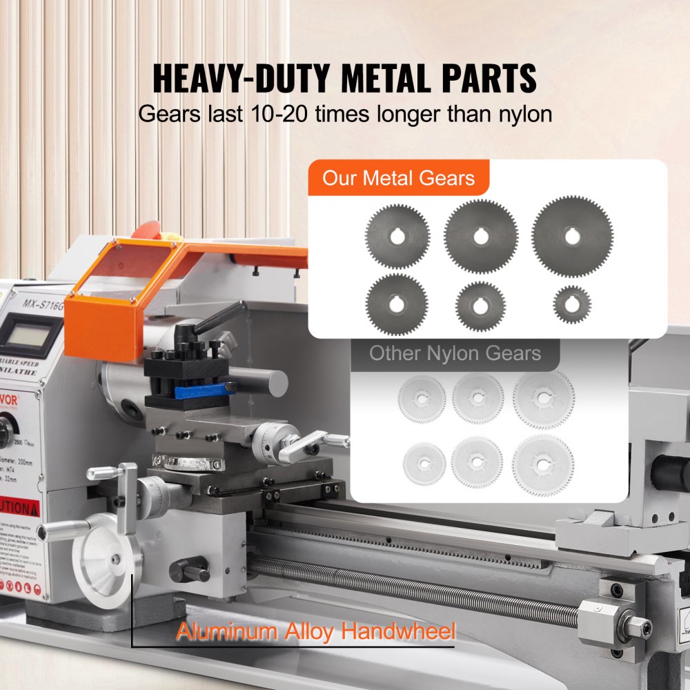 VEVOR Tokarka do metalu 17,8 x 40,6 cm Tokarka do metalu 50-2500 obr./min Tokarka stołowa 800 W 9x metrycznych (od 0,5 do 3 mm) 10x calowych (od 10 do 44 TPI) Gwinty stożkowe MT5