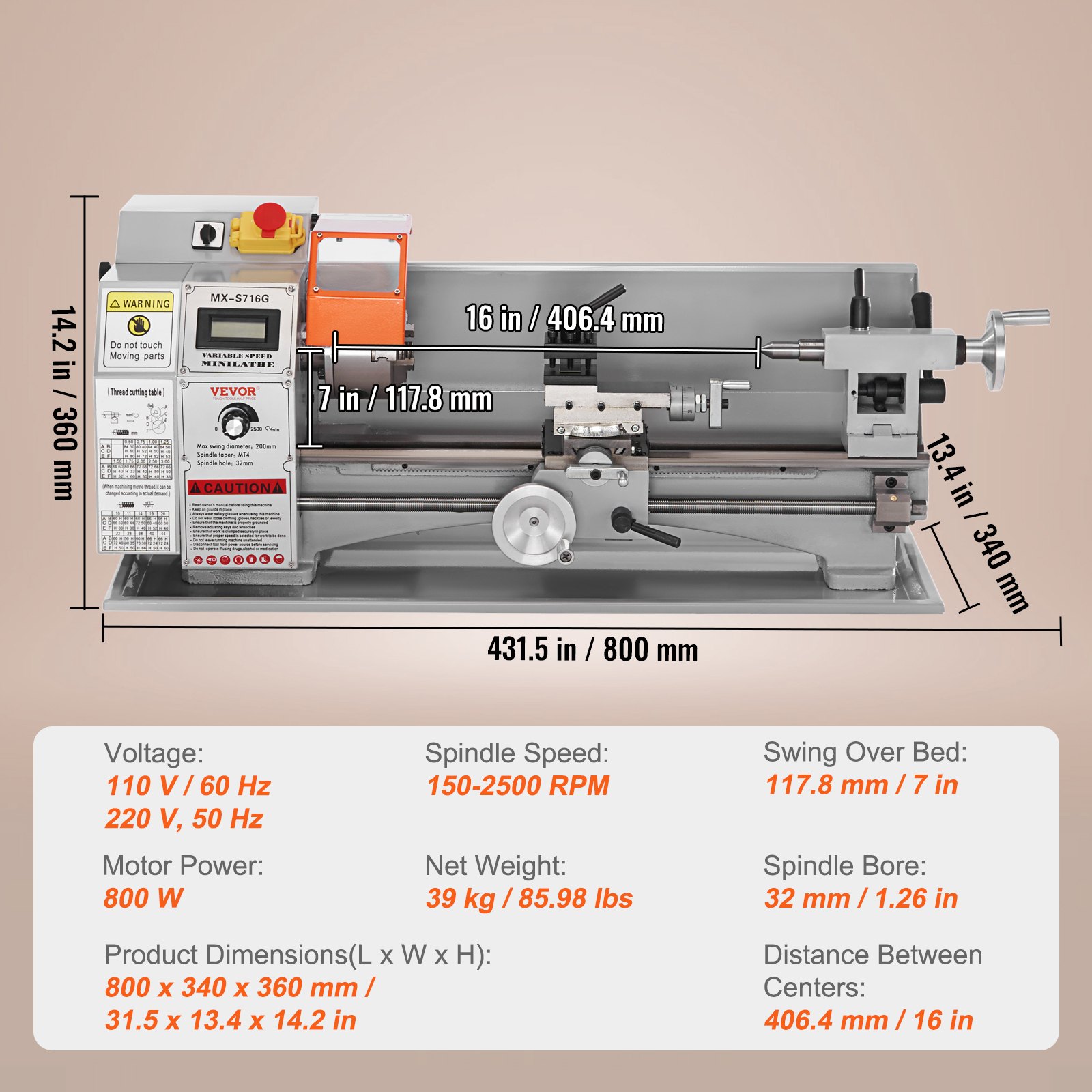 VEVOR Tokarka do metalu 17,8 x 40,6 cm Tokarka do metalu 50-2500 obr./min Tokarka stołowa 800 W 9x metrycznych (od 0,5 do 3 mm) 10x calowych (od 10 do 44 TPI) Gwinty stożkowe MT5