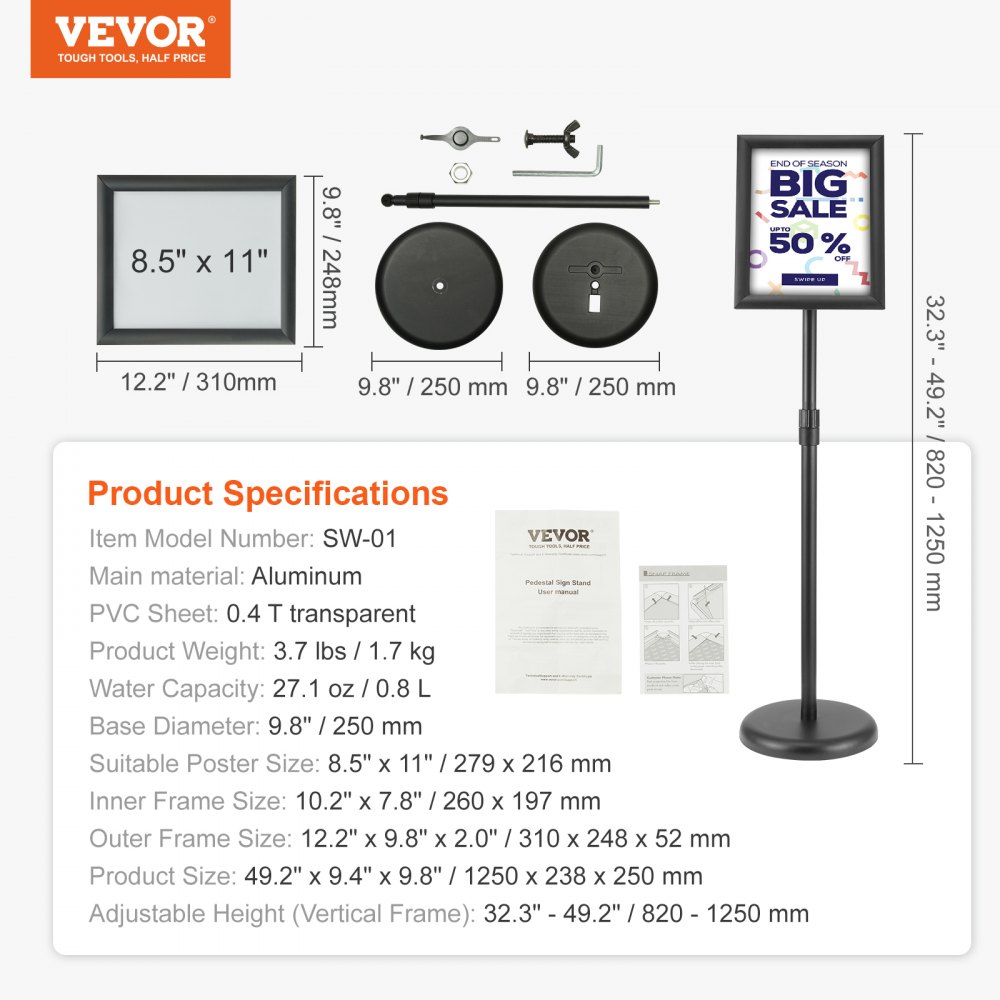 Stojak informacyjny VEVOR z podstawą 279 x 216 mm Stojak informacyjny z regulowaną wysokością 820-1250 mm Stojak plakatowy, solidny stojak na szyldy wypełniony piaskiem lub wodą, do ekspozycji, reklamy