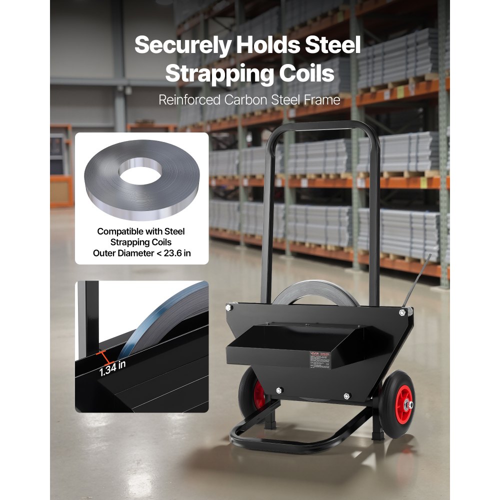 VEVOR Banding Strapping Cart, Fit for Steel Strapping Coils with 600 mm Core Outer Size, Heavy Duty Strapping Dispenser with Rubber Wheels, Suitable for Factory, Warehouse, Loading Area