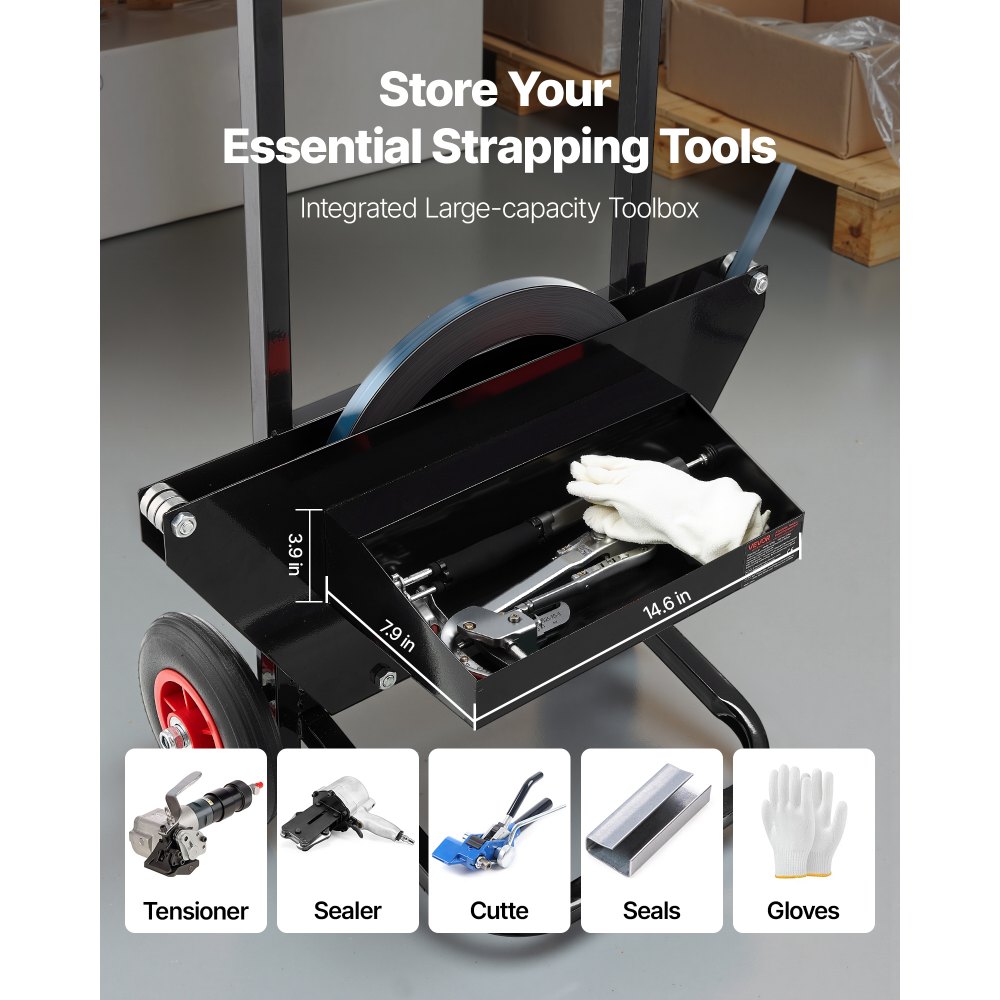 VEVOR Banding Strapping Cart, Fit for Steel Strapping Coils with 600 mm Core Outer Size, Heavy Duty Strapping Dispenser with Rubber Wheels, Suitable for Factory, Warehouse, Loading Area