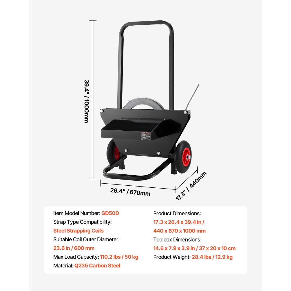 VEVOR Banding Strapping Cart, Fit for Steel Strapping Coils with 600 mm Core Outer Size, Heavy Duty Strapping Dispenser with Rubber Wheels, Suitable for Factory, Warehouse, Loading Area