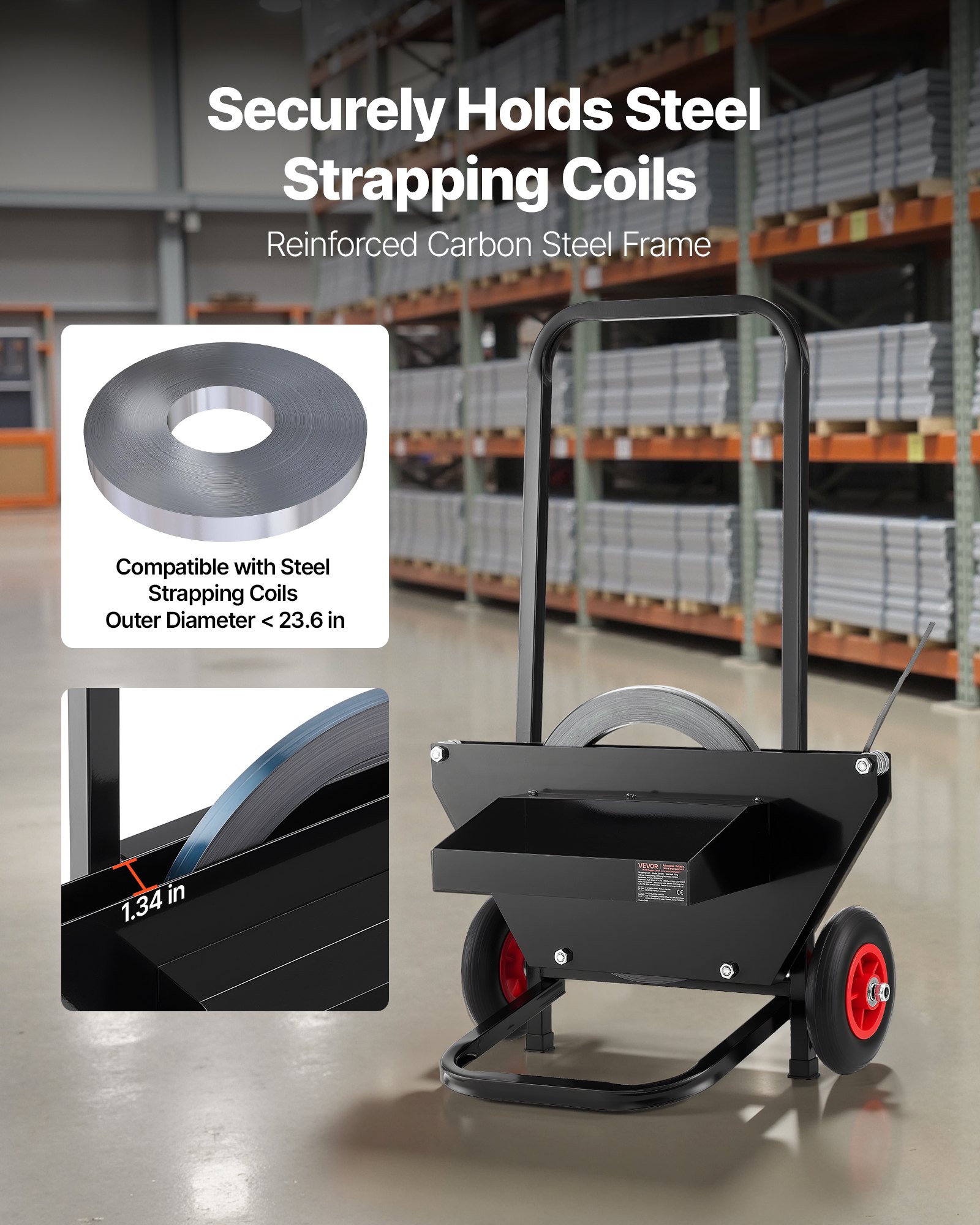 VEVOR Banding Strapping Cart, Fit for Steel Strapping Coils with 600 mm Core Outer Size, Heavy Duty Strapping Dispenser with Rubber Wheels, Suitable for Factory, Warehouse, Loading Area