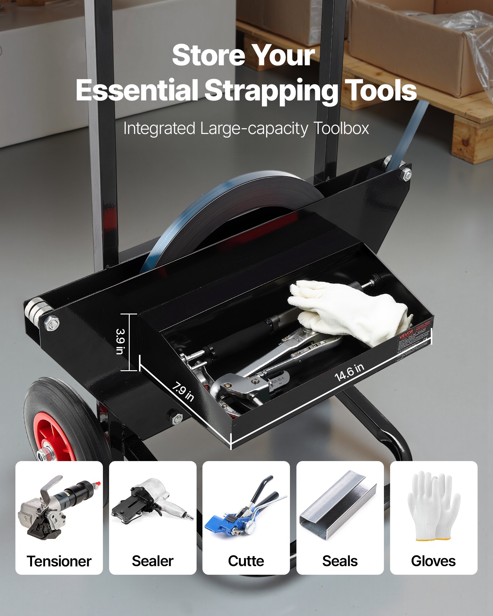 VEVOR Banding Strapping Cart, Fit for Steel Strapping Coils with 600 mm Core Outer Size, Heavy Duty Strapping Dispenser with Rubber Wheels, Suitable for Factory, Warehouse, Loading Area