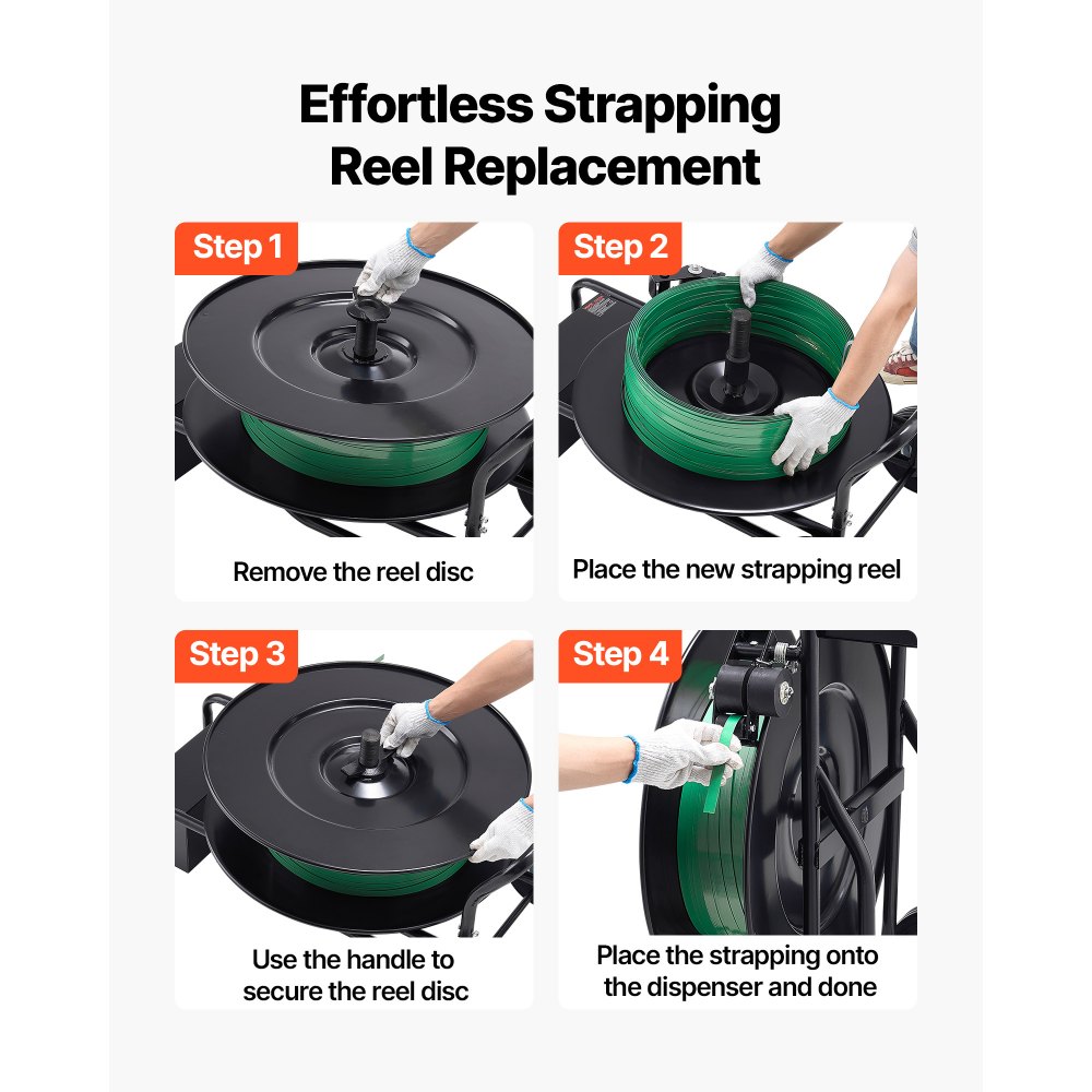 VEVOR Banding Strapping Cart, Fit for PET / PP / Steel Strapping Coils with 20.3/40.6 cm Core Size, Heavy Duty Strapping Dispenser Equipped with Upgrade Drum Brake, Built-in Spacious Tray for Tools