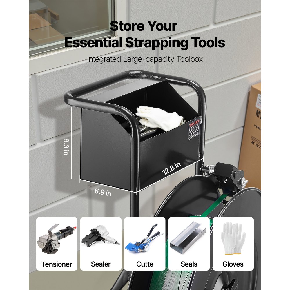 VEVOR Banding Strapping Cart, Fit for PET / PP / Steel Strapping Coils with 20.3/40.6 cm Core Size, Heavy Duty Strapping Dispenser Equipped with Upgrade Drum Brake, Built-in Spacious Tray for Tools