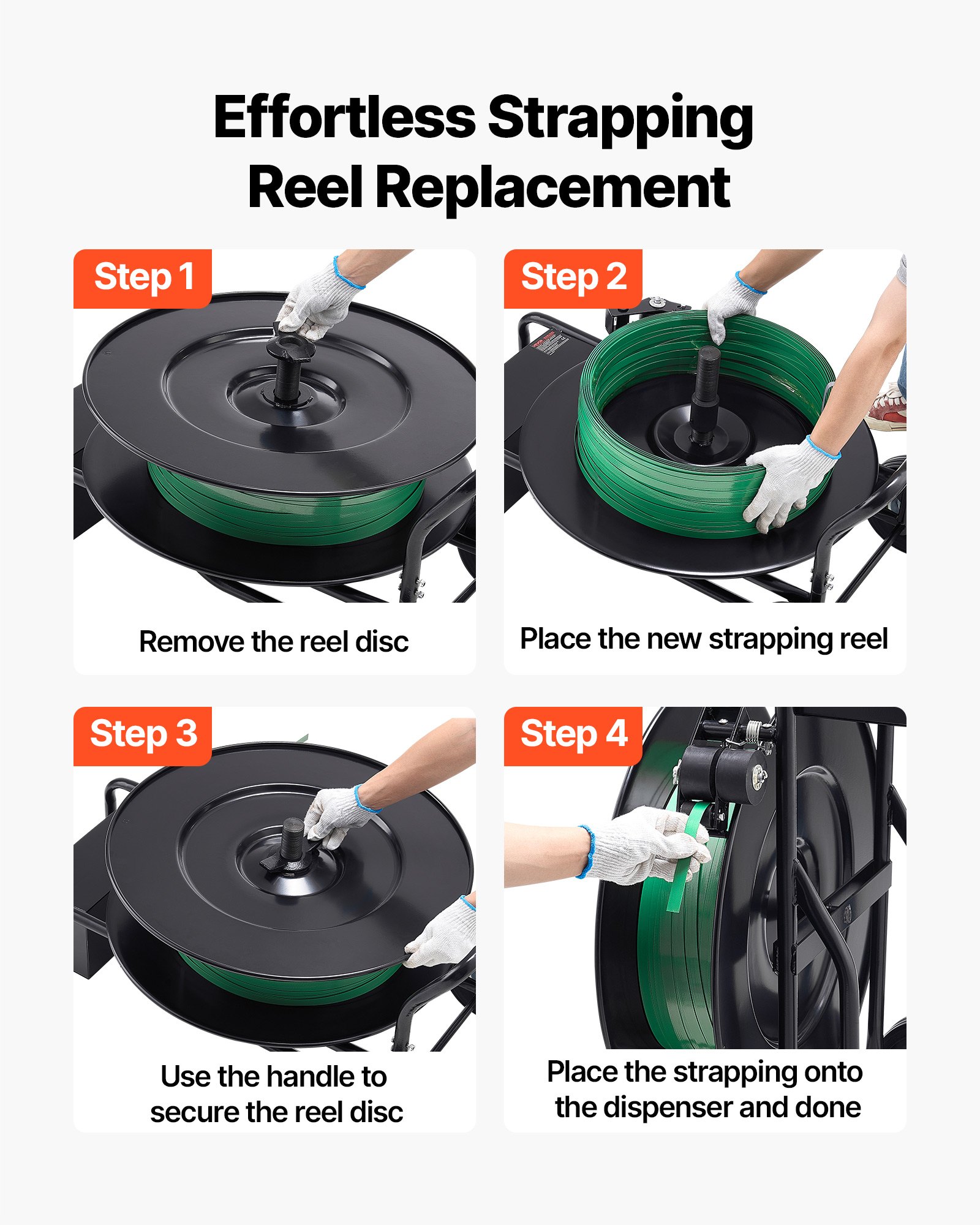 VEVOR Banding Strapping Cart, Fit for PET / PP / Steel Strapping Coils with 20.3/40.6 cm Core Size, Heavy Duty Strapping Dispenser Equipped with Upgrade Drum Brake, Built-in Spacious Tray for Tools