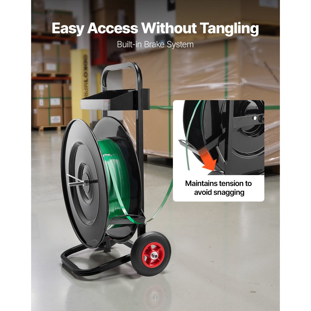 VEVOR Banding Strapping Cart, Fit for PET/PP/Polyester Strapping Coils with 20.3/40.6 cm Core Size, Heavy Duty Strapping Dispenser Equipped with Upgrade Brake System, Built-in Spacious Tray for Tools