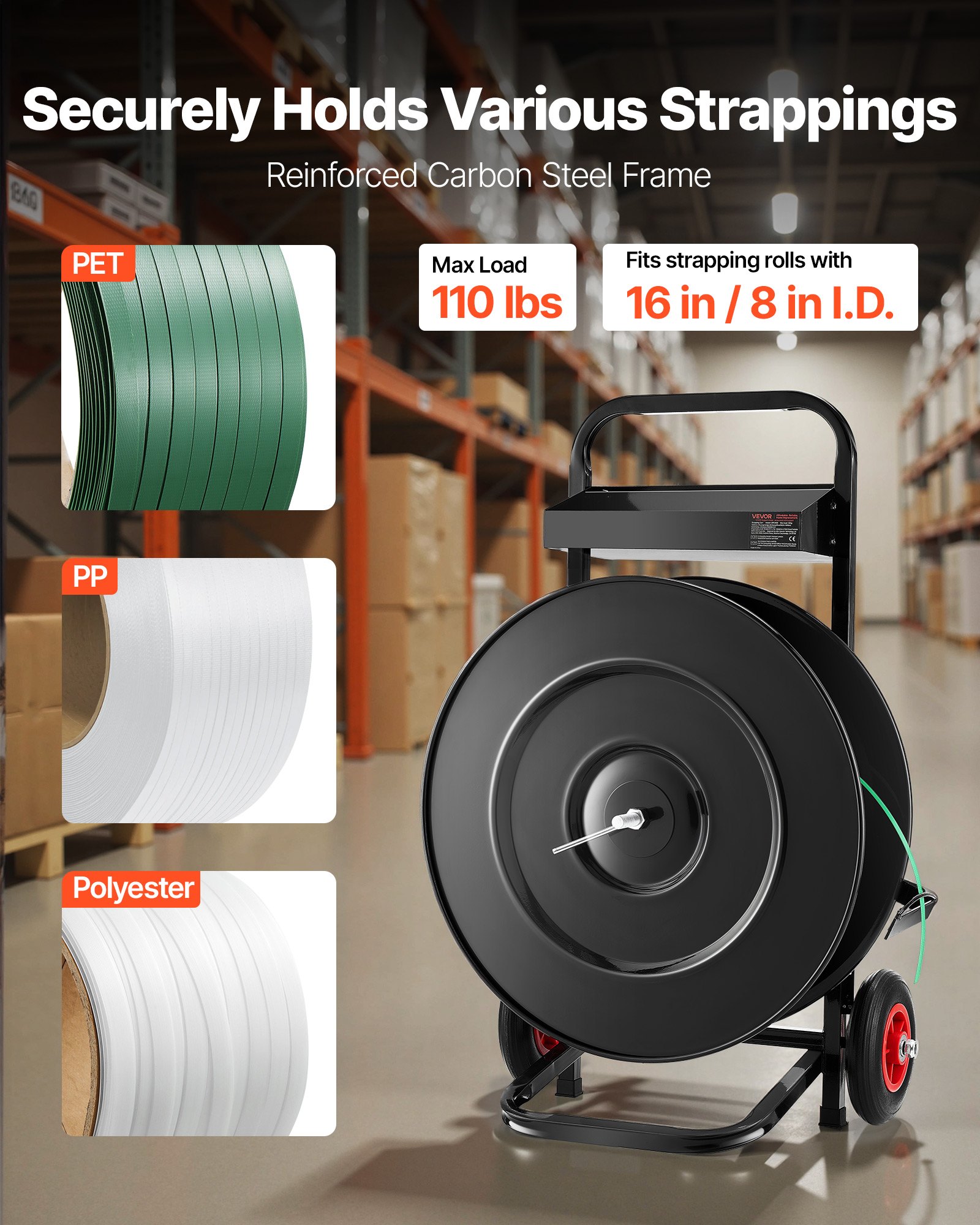 VEVOR Banding Strapping Cart, Fit for PET/PP/Polyester Strapping Coils with 20.3/40.6 cm Core Size, Heavy Duty Strapping Dispenser Equipped with Upgrade Brake System, Built-in Spacious Tray for Tools