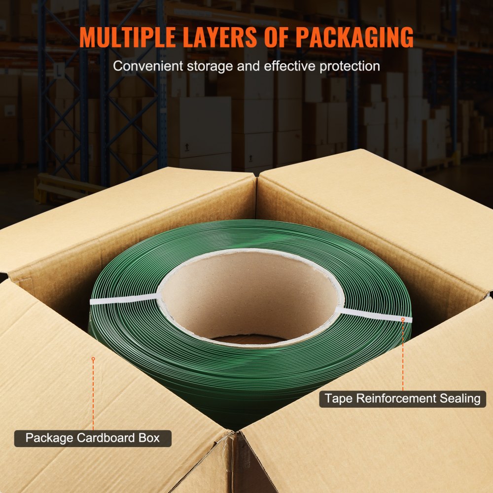 VEVOR polyester/PET strapping band, 1200 m length x 15.9 mm width x 0.8 mm thickness, 450 kg breaking strength, packaging strap for pallets, strapping tool, portable, green