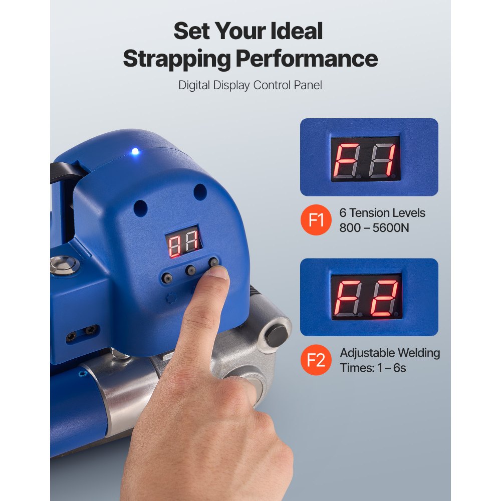 VEVOR Electric Strapping Machine, 2 x 4000mAh Batteries, Automatic Strapping Tool with Digital Display for 10-19 mm Wide PET Straps, Banding Tensioner Machine for Packaging Box Pallet